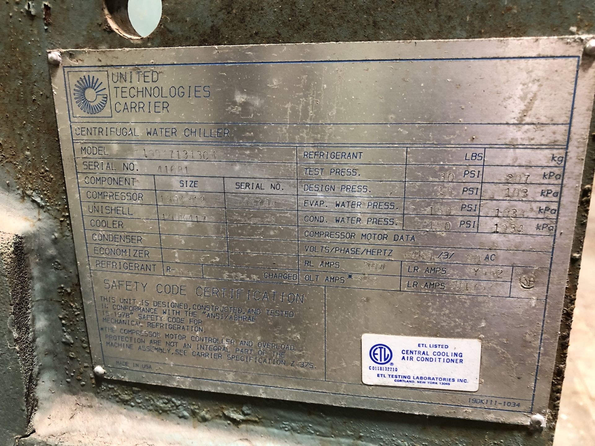 United Technologies Carrier Centrifugal Water Chiller, Model# 19DY71313CM, Serial# 41681, 460V, 3 - Image 2 of 9