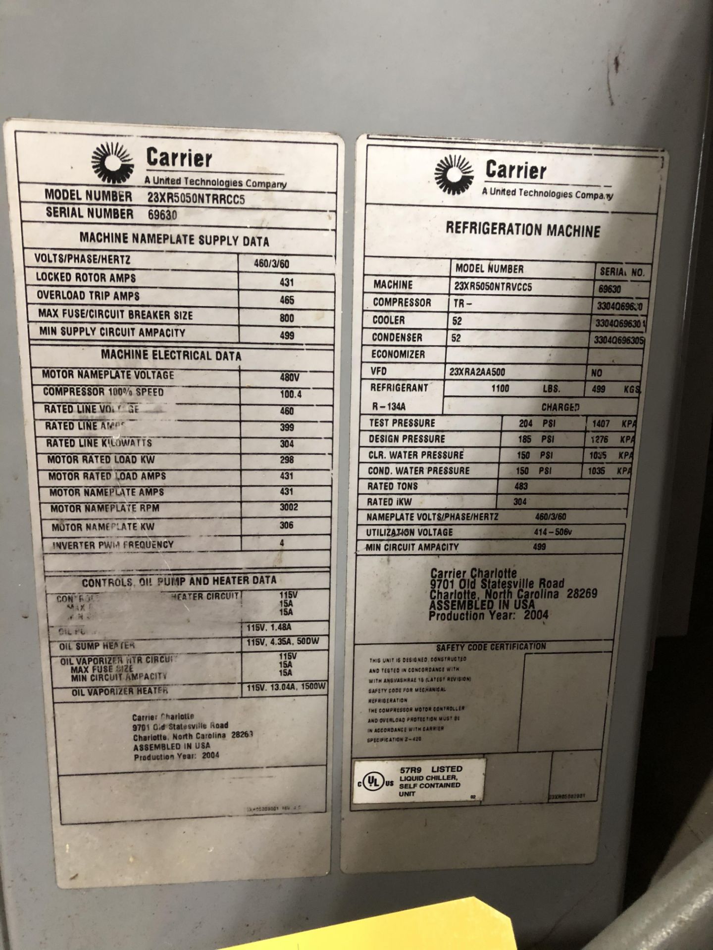 Carrier Chiller, Model# 23XR5050NTRRCC5, Serial# 69630, 460V, 3 Phase, 60 Hz, Rigging Fee/ Loading - Image 5 of 7