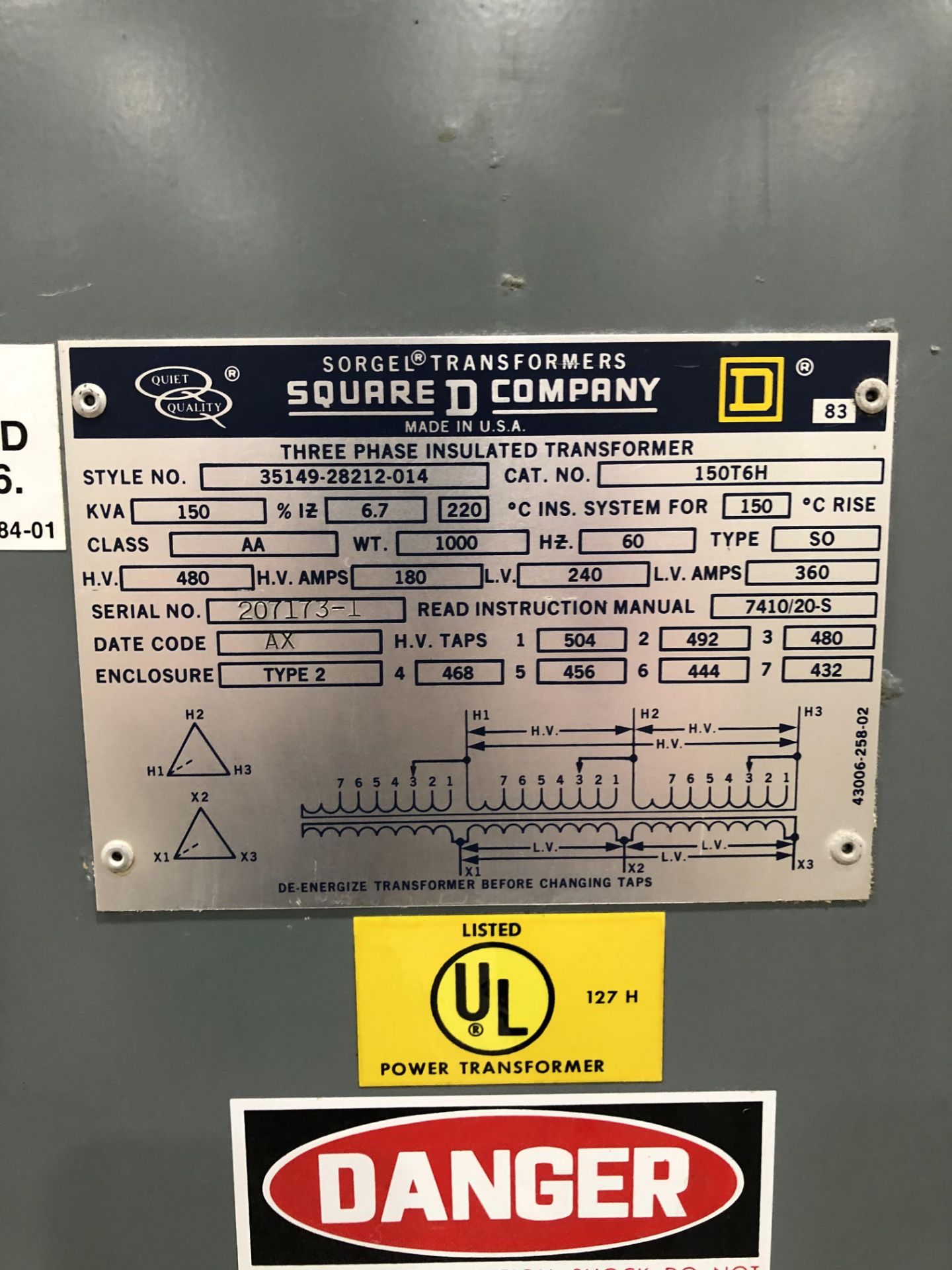 Square D Company Transformer, Style# 35149-28212-014, Cat# 150T6H, 480 HV, 240 LV - Image 2 of 5