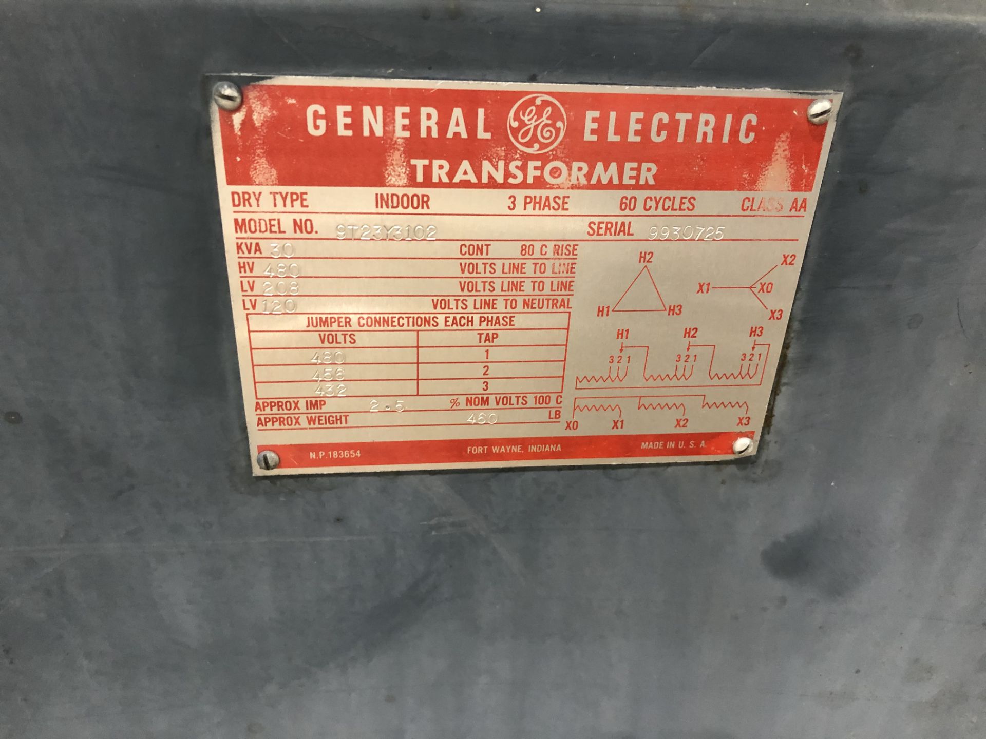 General Eletric Transformer, Model# 9T23Y3102, Serial# 9930725, 480 HV, 120 LV, 3 Phase, 60 Cycles - Image 2 of 2