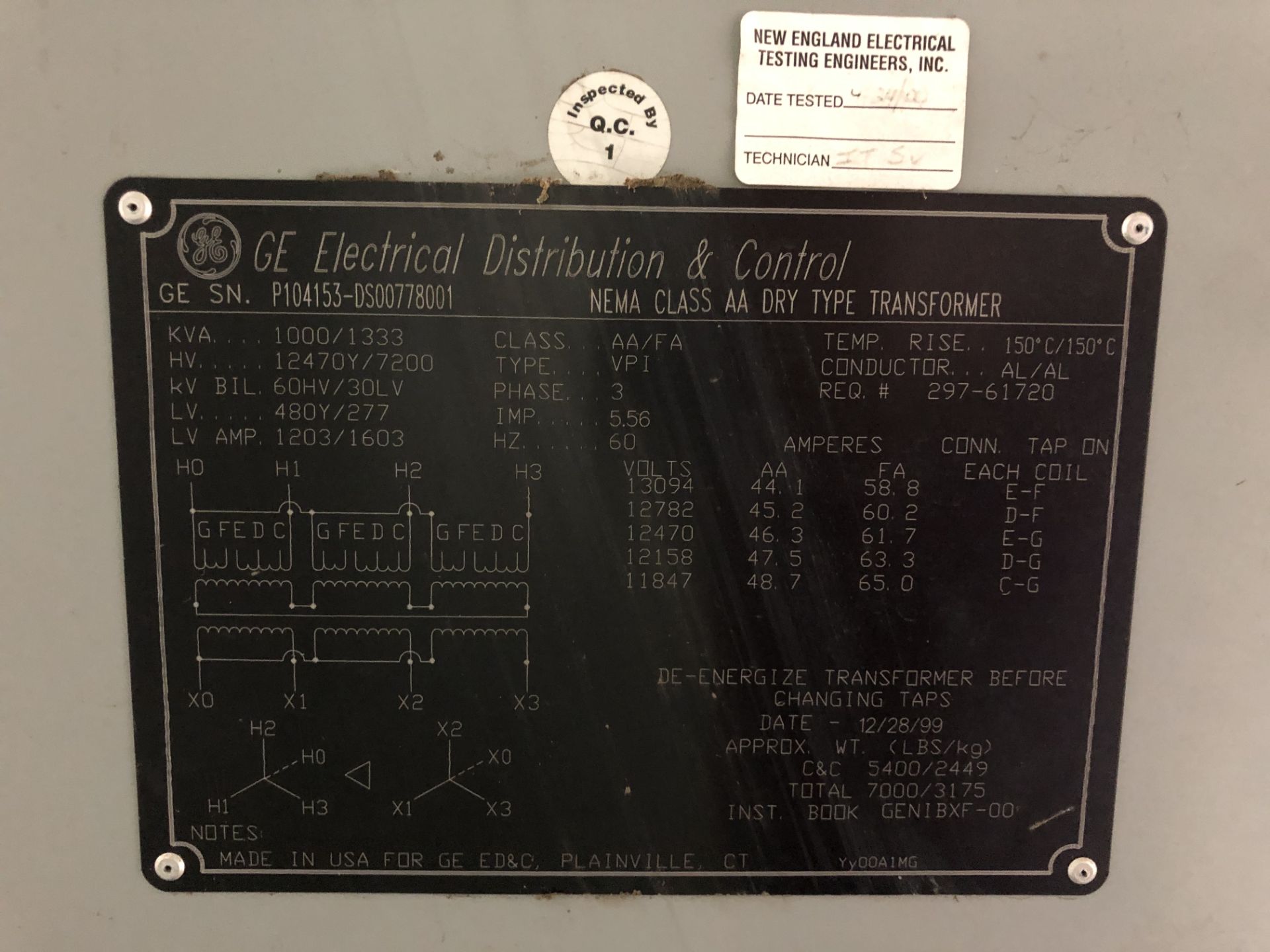 GE Transformer, Serial# P104153-DS00778001, NEMA Class AA Dry Type Transformer, 1000/1333 KVA, 12, - Image 6 of 9