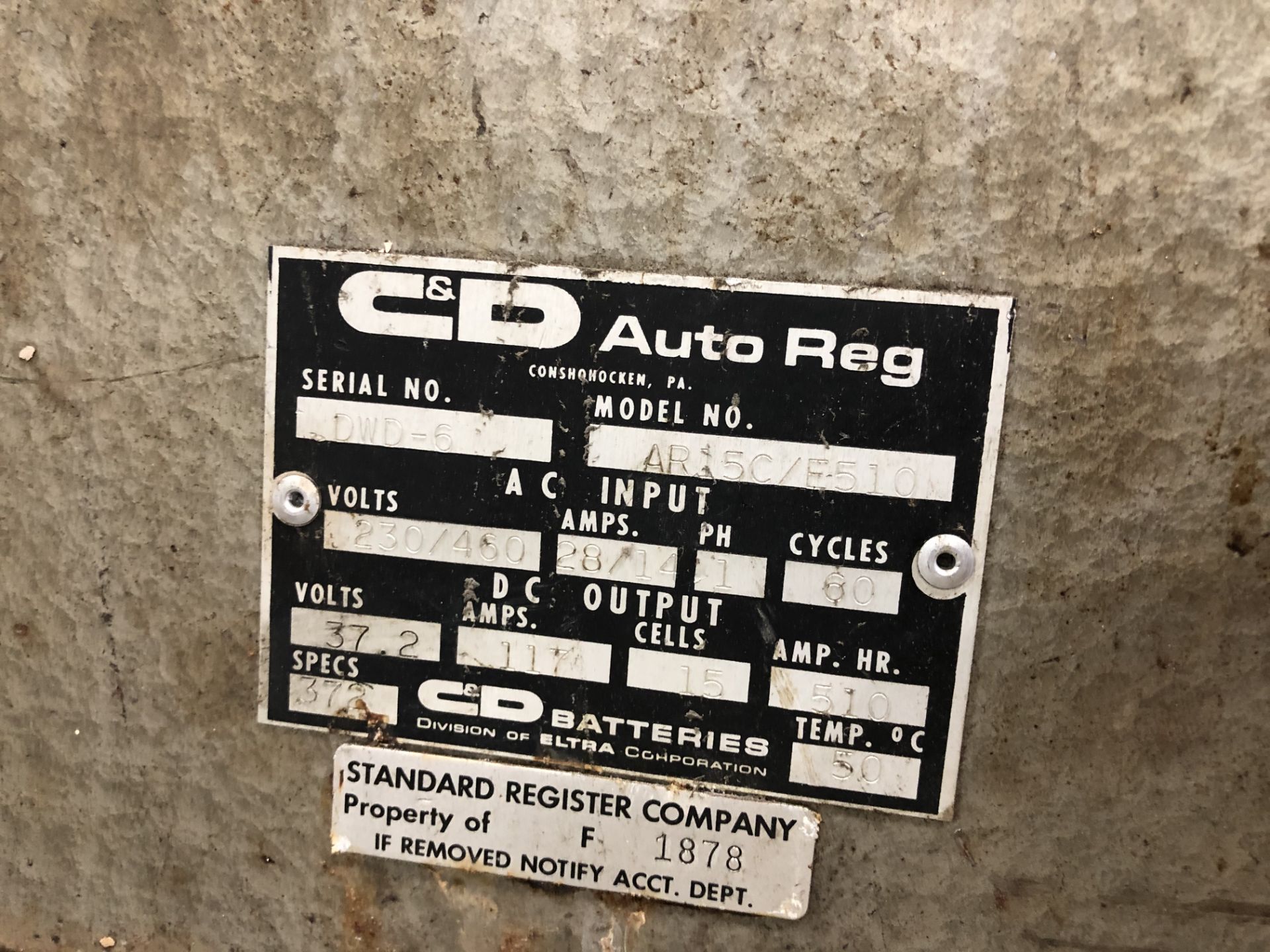 C&D Battery Charger, Serial# DWD-6, Model# AR15C/E510, 240/460V Input, 37.2 V Output, Single Phase - Image 2 of 4