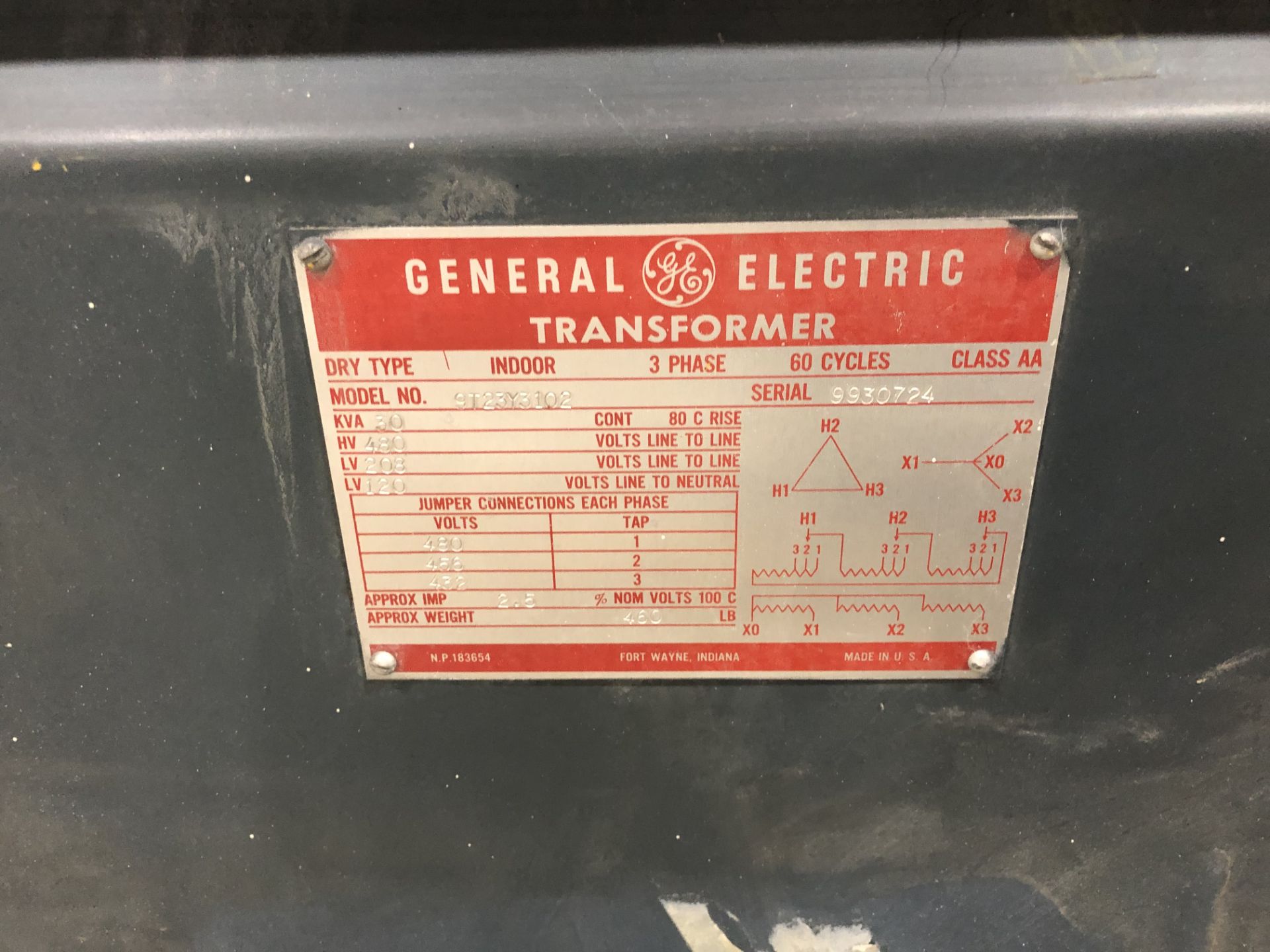 General Eletric Transformer, Model# 9T23Y3102, Serial# 9930724, 480 HV, 120 LV, 3 Phase, 60 Cycles - Image 2 of 3