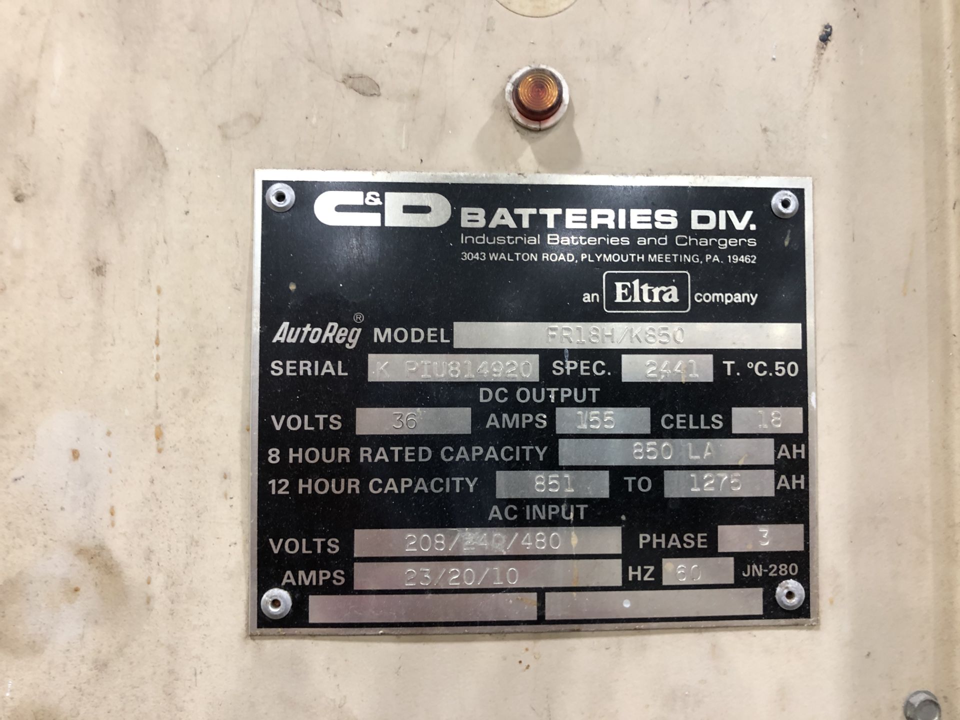 C&D Battery Charger, Serial# K PIU814920, Model# FR18H/K850, 240/460V Input, 36 V Output, 3 Phase - Image 2 of 4