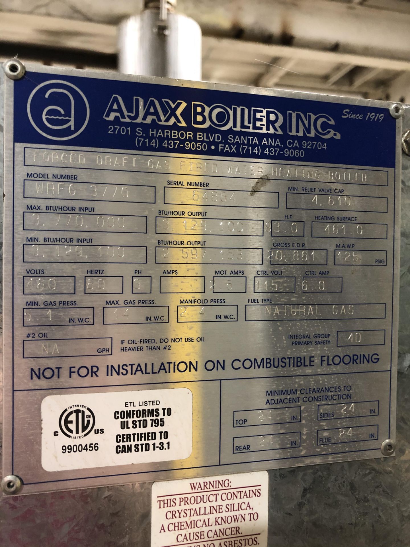 Ajax Boiler w/ Power Flame Burner, Forced Draft Gas Fired Water Heating Boiler, Model# WRFG-3770, - Image 5 of 7