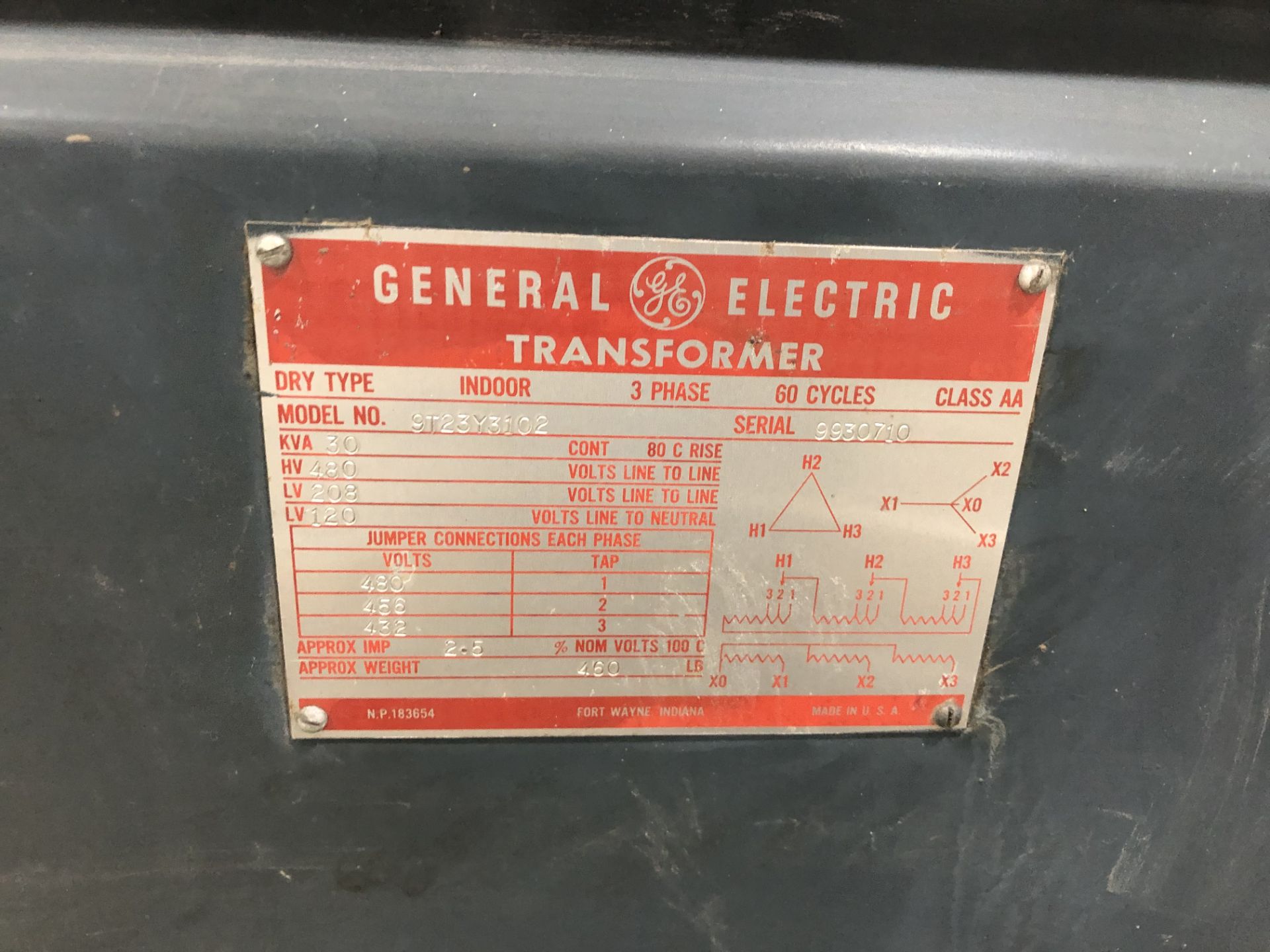 General Eletric Transformer, Model# 9T23Y3102, Serial# 9930710, 480 HV, 120 LV, 3 Phase, 60 Cycles - Image 2 of 3