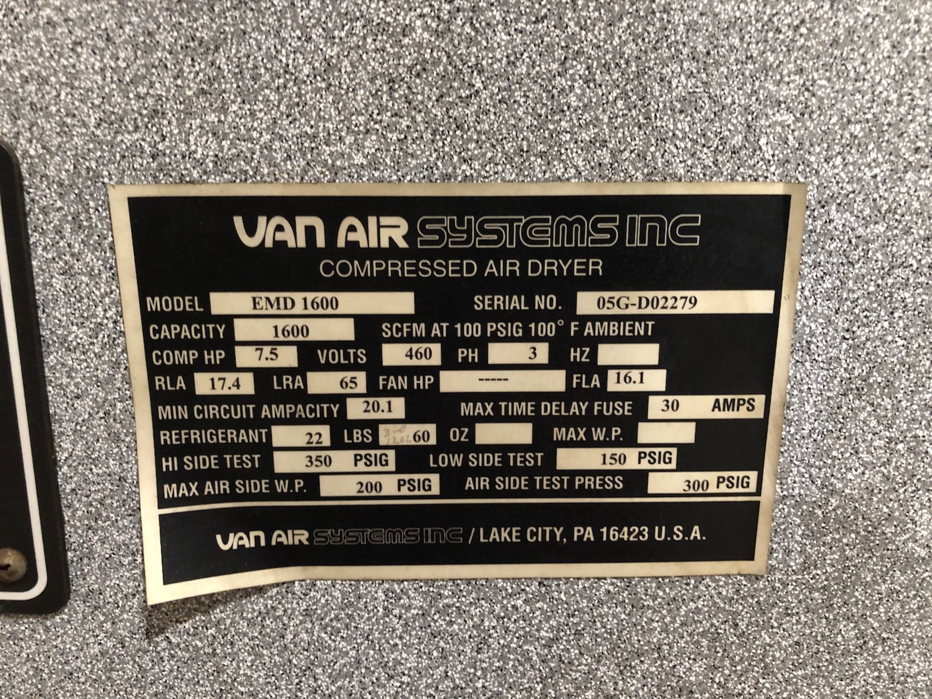 Van Air Systems Inc. Compressed Air Dryer, Model# EMD 1600, Serial# 05G-D02279, 7.5 HP, 460 V, 3 - Image 2 of 7