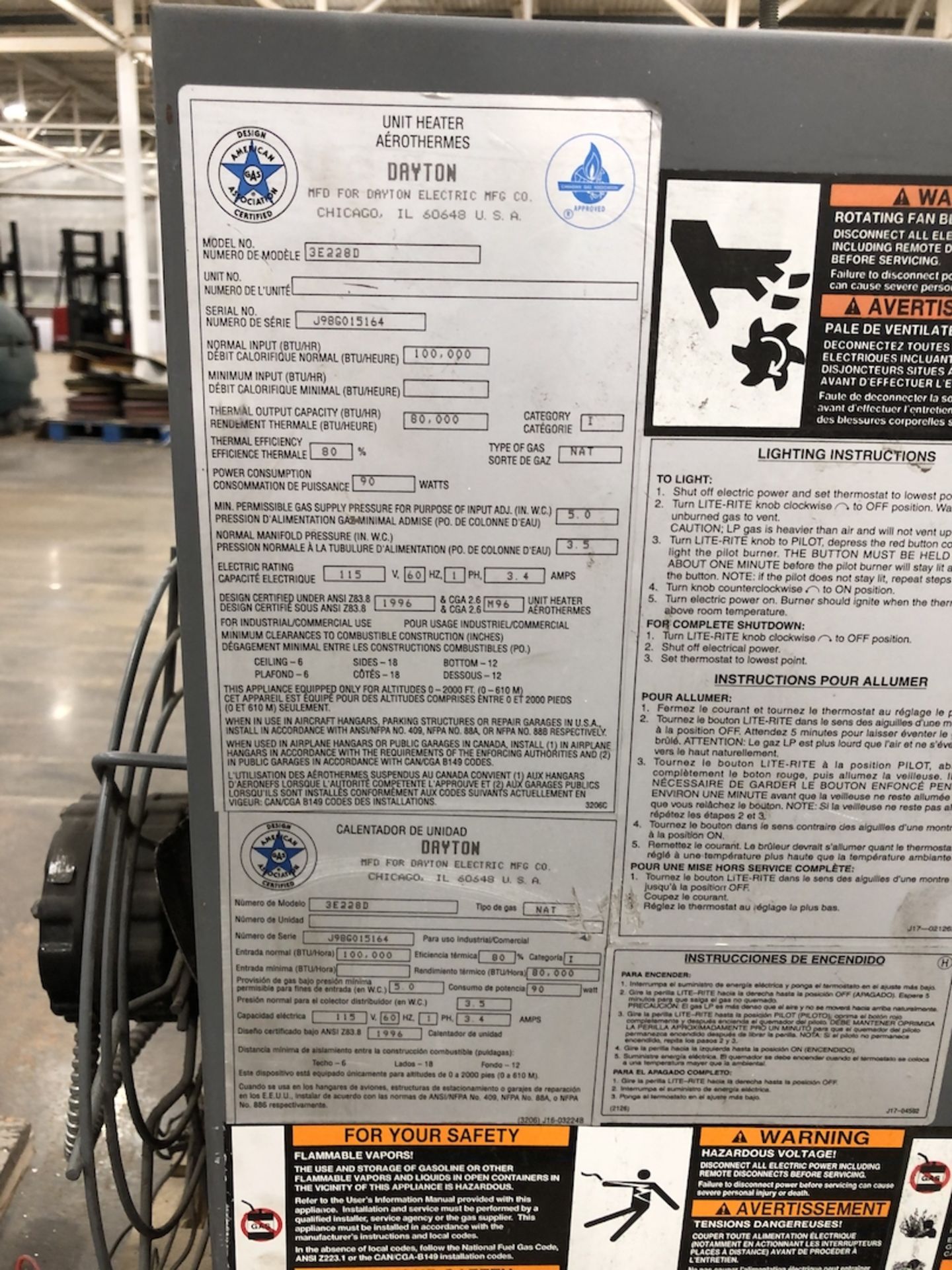 Dayton Heater, Model# 3E228D, Serial# J98G015164, 100,000 BTU, 115V, Single Phase - Image 4 of 5