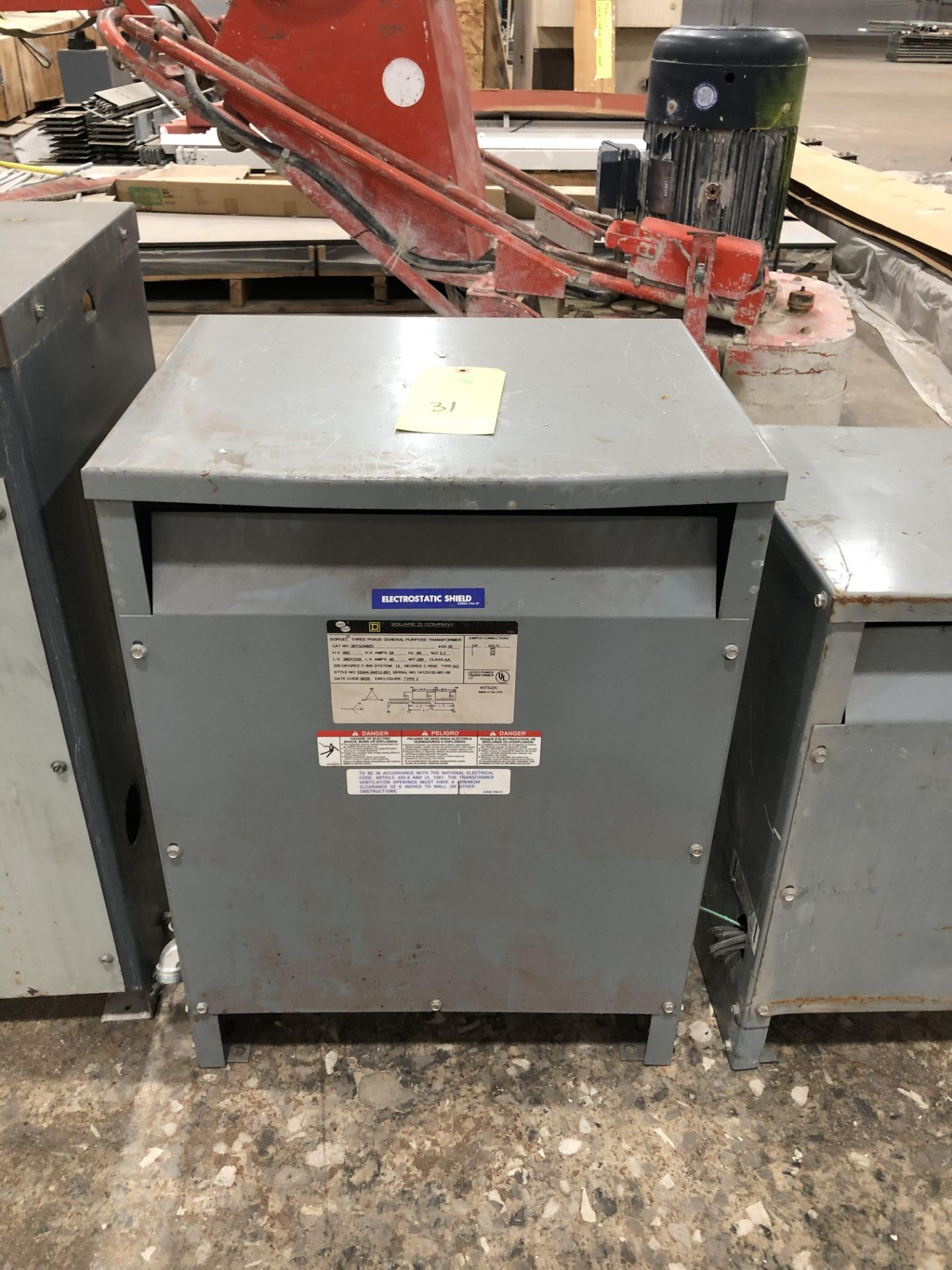 Square D Company Transformer, 3 Phase, Cat# 30TQ34803, 460 HV, 220 LV, Rigging/ Loading Fee: $25