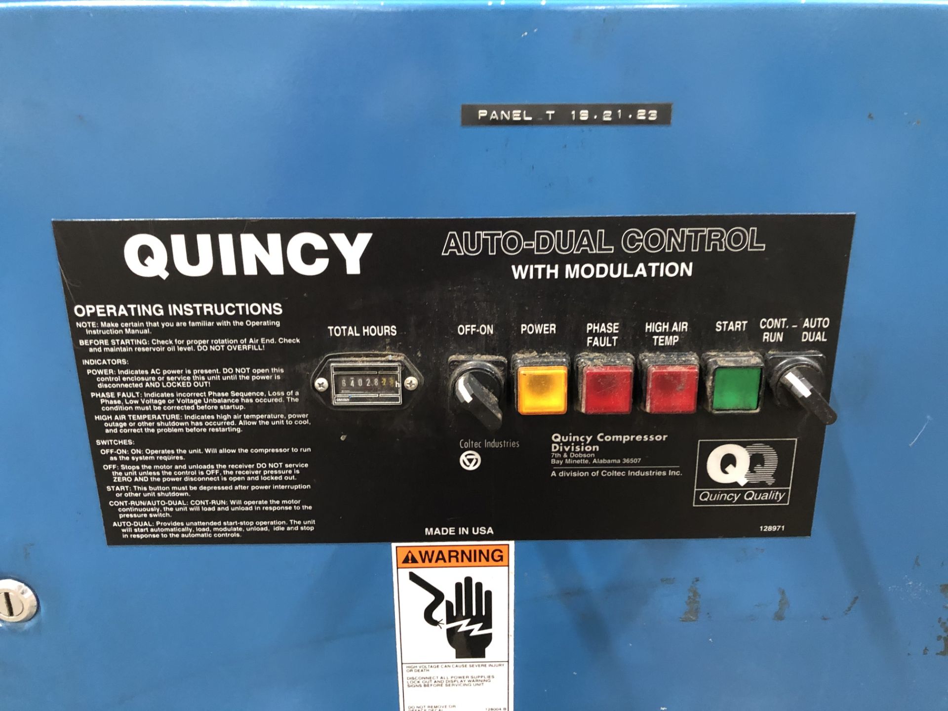 Quincy Air Compressor, 64,028.2 Hours, Rigging/ Loading Fee: $100 - Image 4 of 6