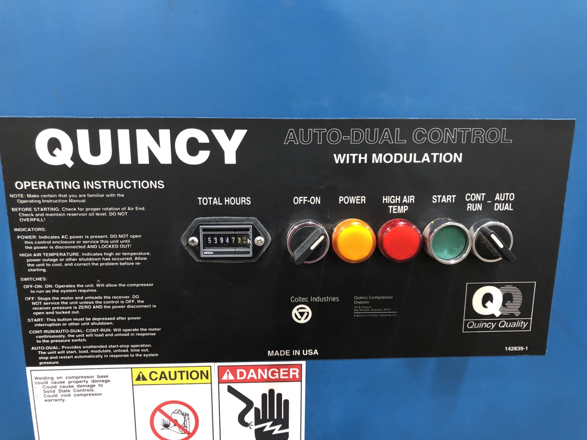 Quincy Air Compressor, 53,947.2 Hours, Rigging/ Loading Fee: $100 - Image 3 of 5