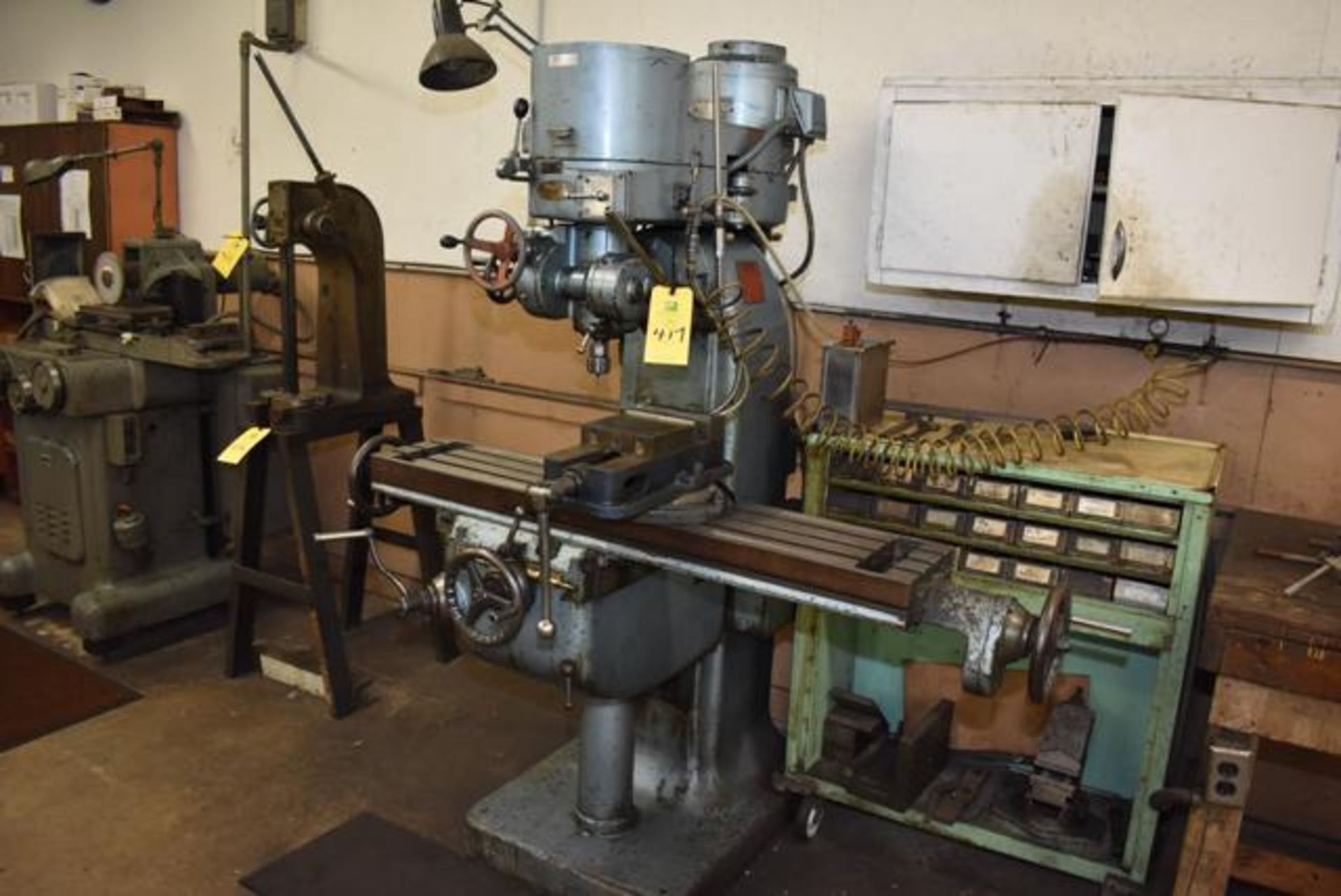 Index Model #55 Vertical Milling Machine, 9" x 46" Table, Machine Vise, SN 55-8209, Cabinet w/