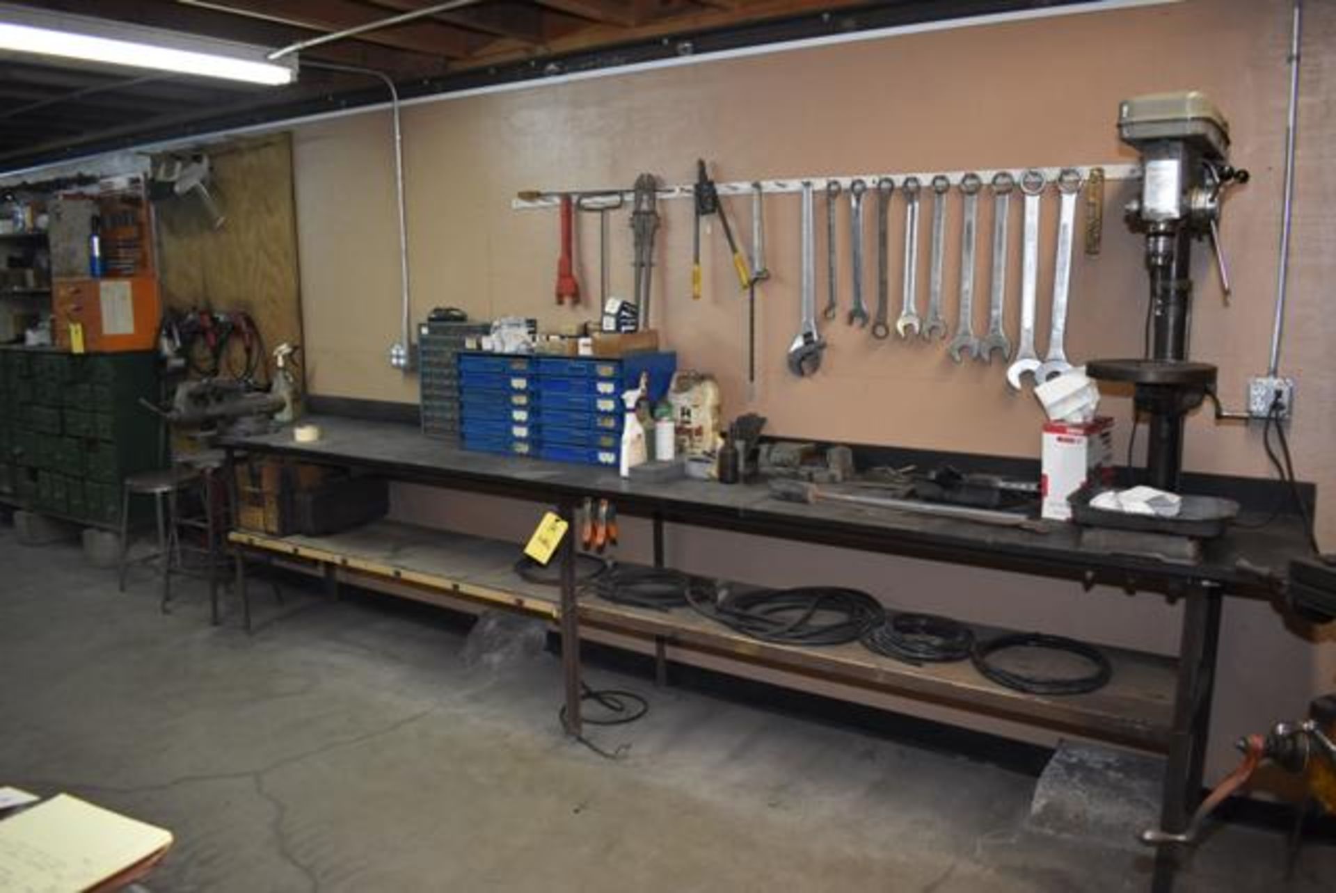 Workbench w/4-1/2” vice, Fleetwood Drill Press w/1/2” chuck, 24” Crescent wrench, combination