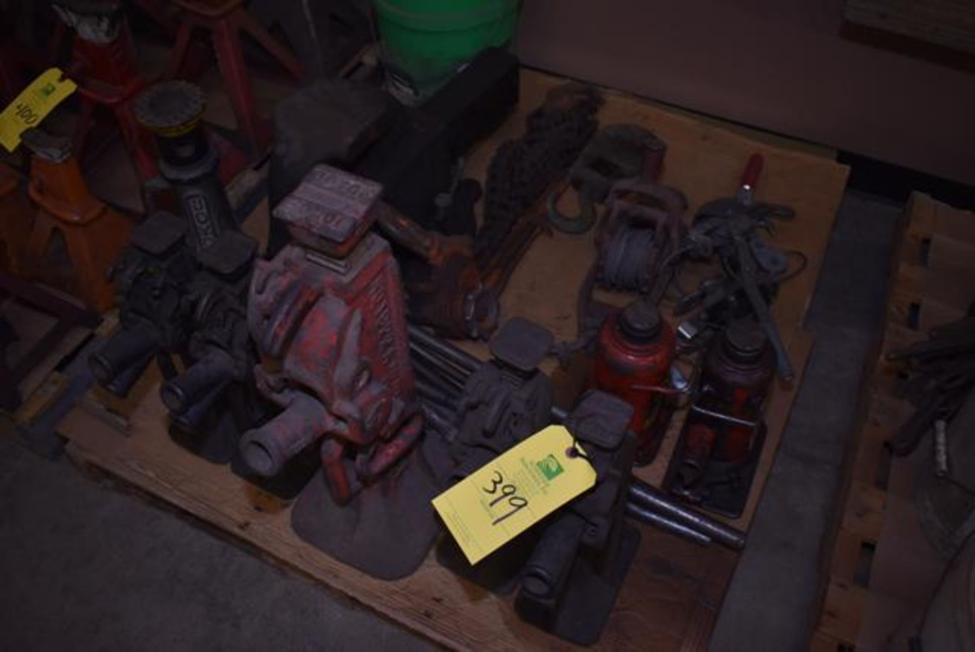 Assorted railroad jacks, 20 ton bottle jacks, cable winches, chain winch, large vice