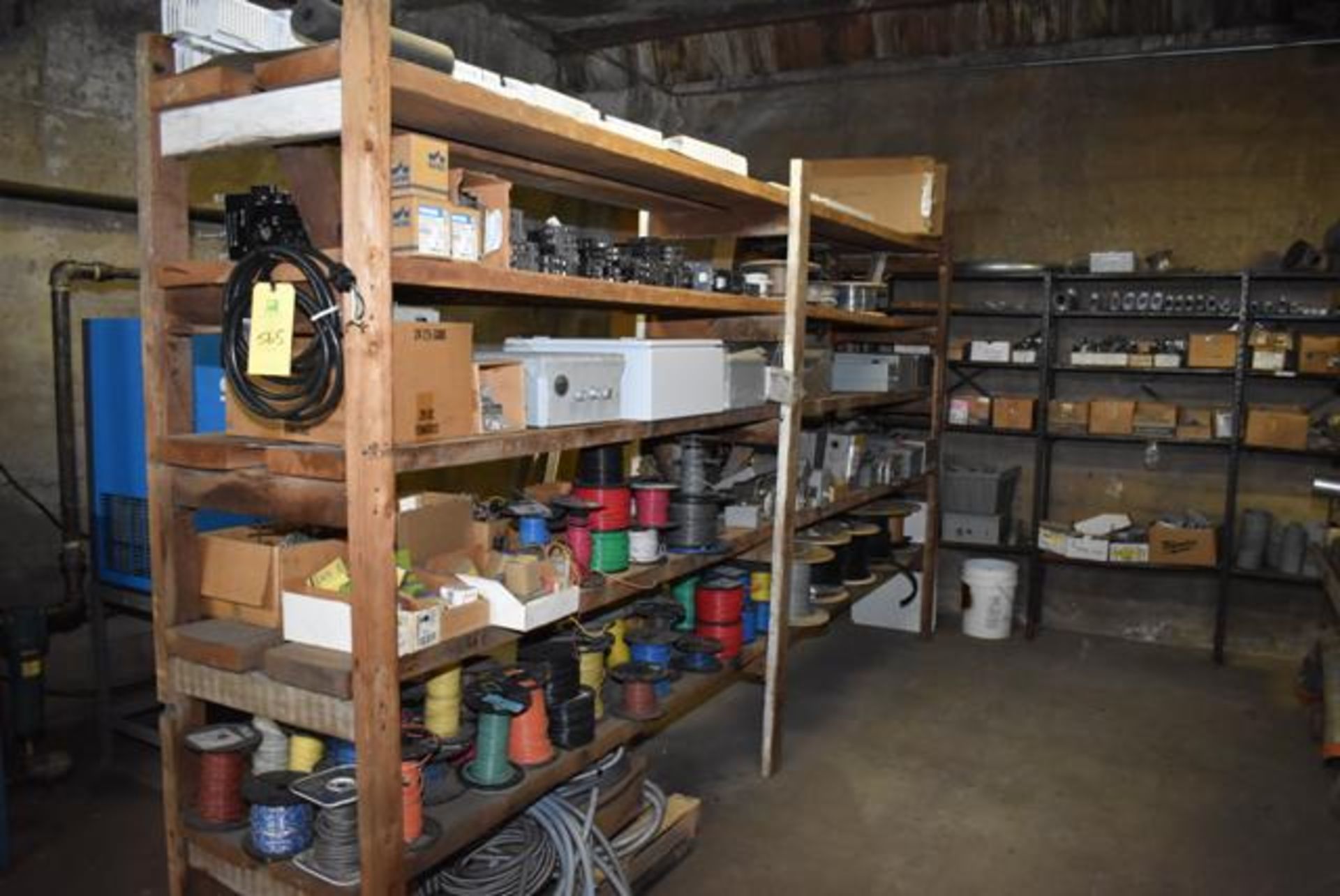 Qty. (6) Wood Shelf Contents - Plant Support, Partial Wire Spools, Clamps, Loading Fee: $500