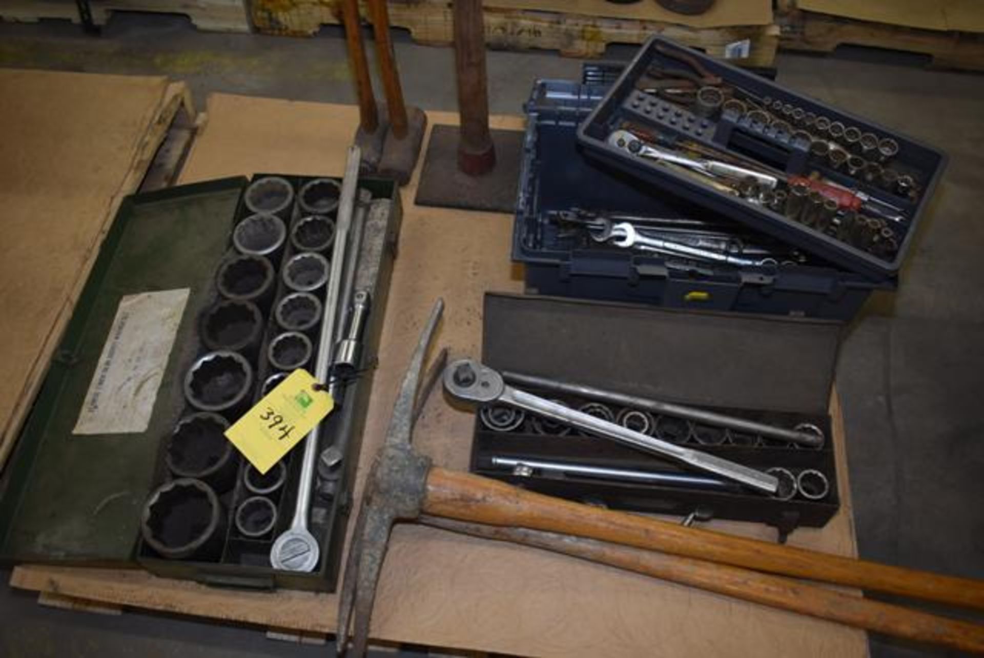 Pallet, 3/4 & 1” drive socket sets, tool box w/3/8 and 1/2 drive sockets, comb wrenches