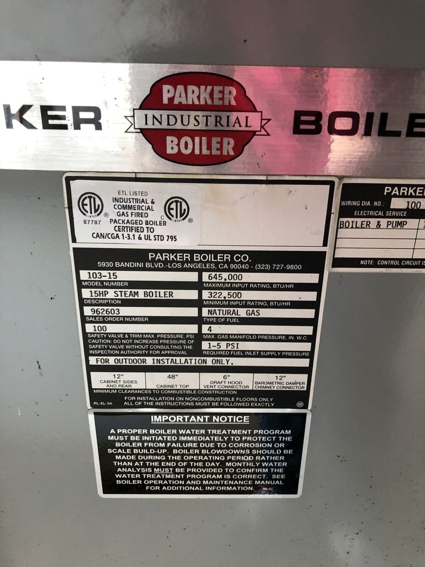 Parker Boiler, Year 2001, 15HP Steam Boiler, Model #103-15, S/N #962603, Natural Gas - Image 3 of 4