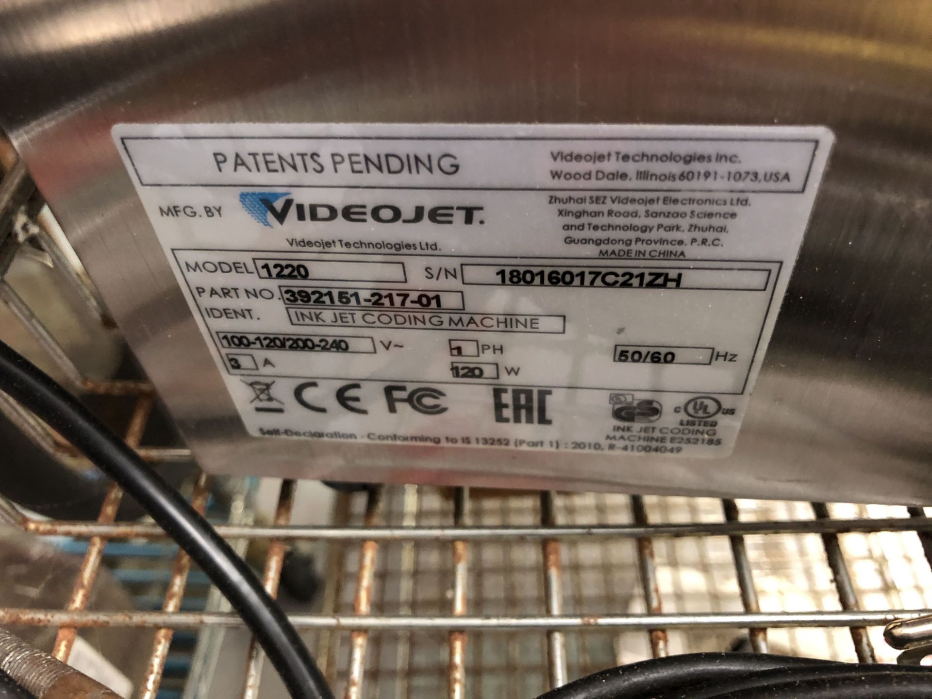 Videojet 1220/1520 Coder Inkjet Coding Machine, Model #1220, S/N #18016017C21ZH - Image 2 of 4