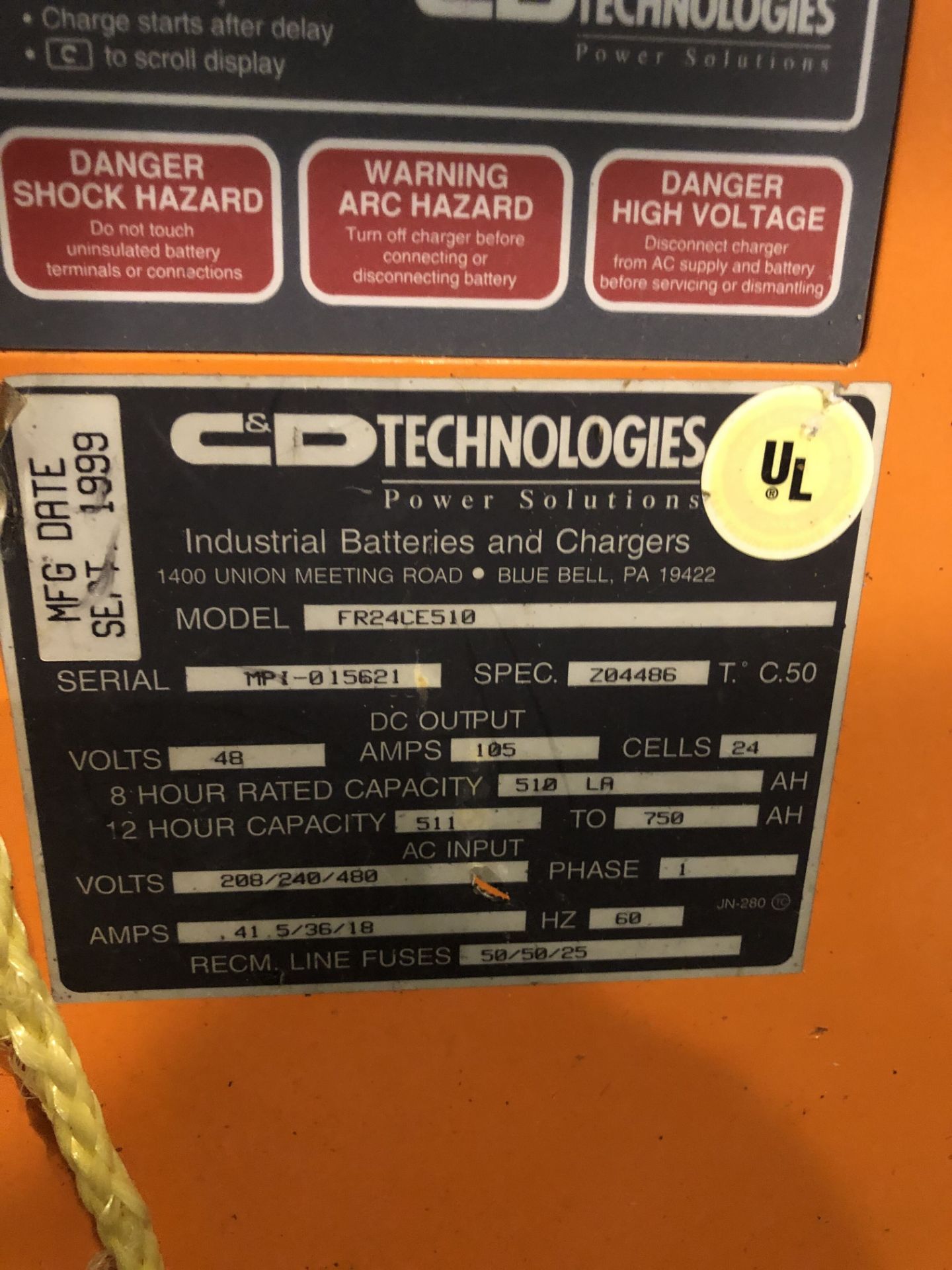 Ferro Five FR Series Forklift Battery, Model #FR24CE510, S/N #MP1-015621, Rigging Price: $50 - Image 2 of 3