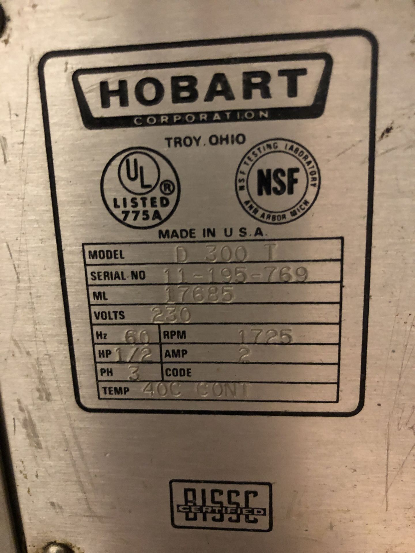 Hobart Mixer, Model #D-300-1, S/N #11-195-769, W/ 1/2 HP Motor, Rigging Price: $100 - Image 2 of 4