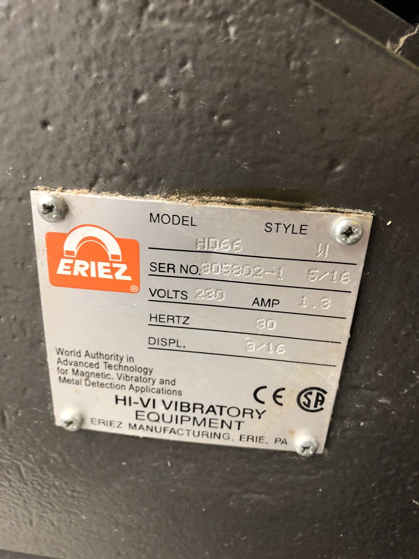 Eriez Magnetics HI-VI Vibrating Sifter, Model #HD66, S/N #305302-1, Style #11, DOM #2016 - Image 5 of 5