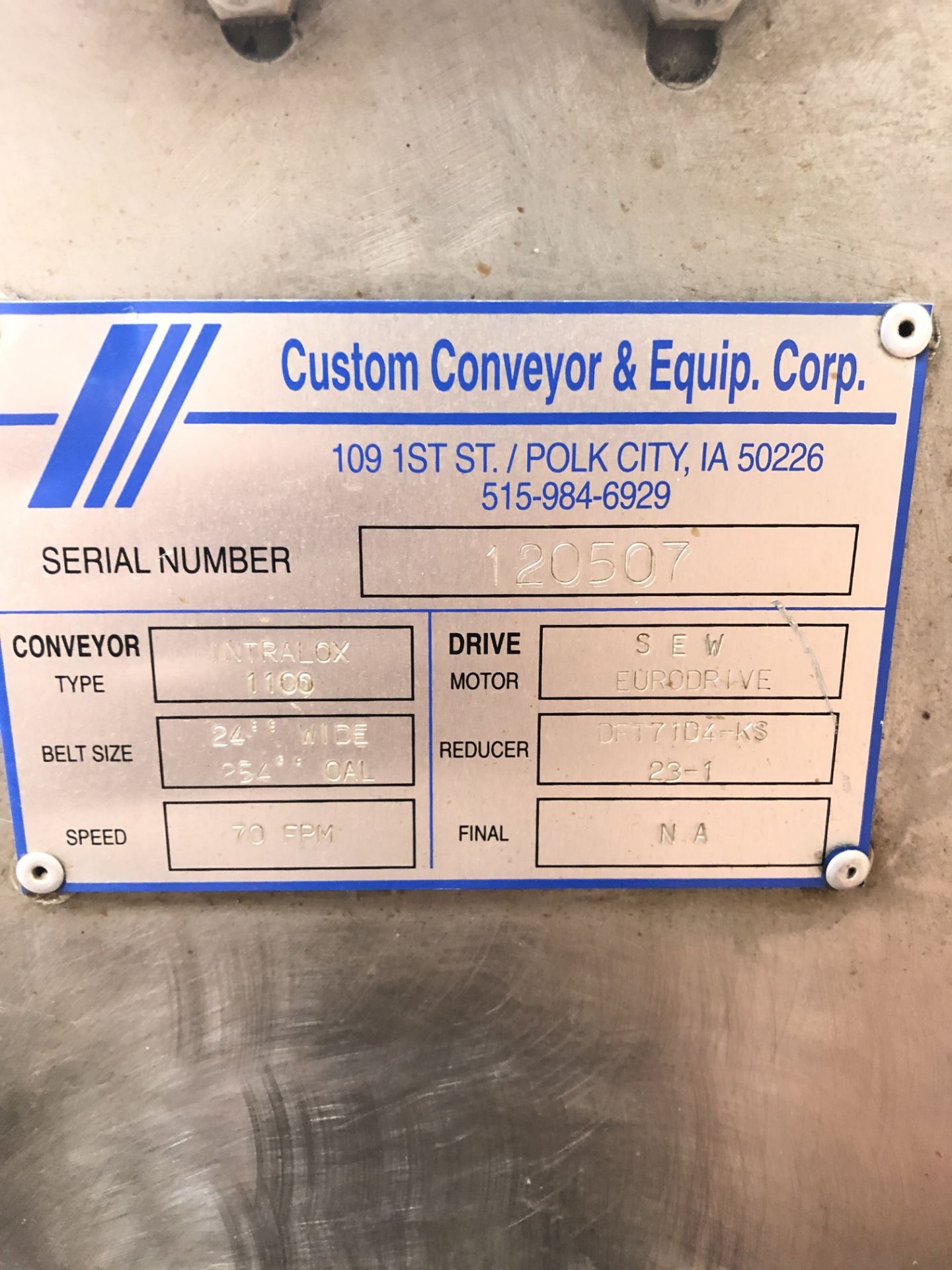 Material Processing Conveyor from Custom Conveyor & Equip Corp, S/N #120507, Conveyor Type Intralox - Image 3 of 4