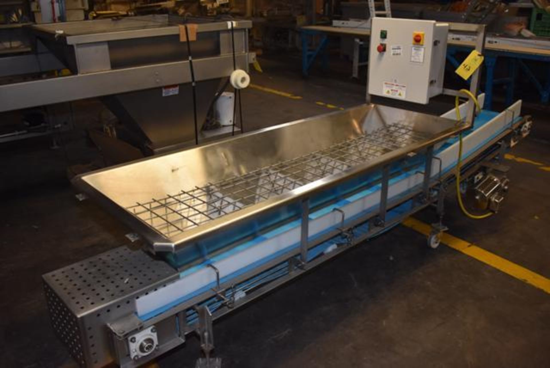 Motorized Belt Conveyor, 11' Length Blue Belt x 16" Wide, Stainless Steel Hopper, 80" Length,