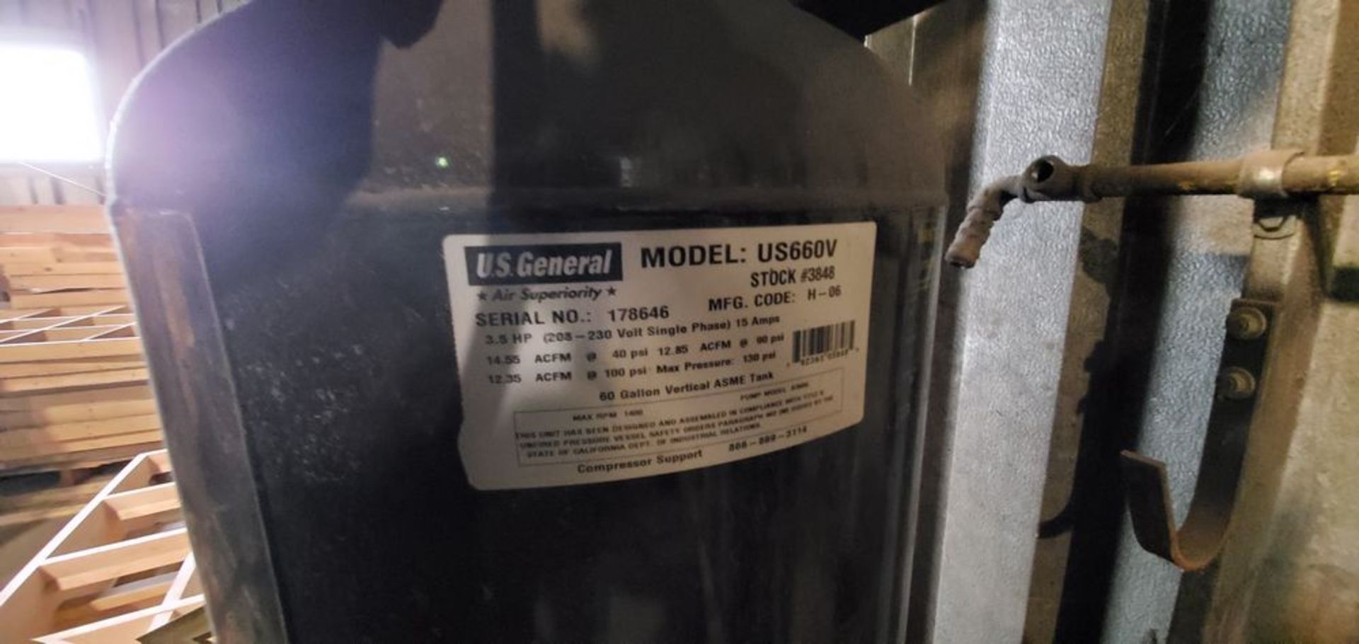 Located in Canon City, CO -- Lot: 2 US General US660V Air Compressor 3.5hp 12.35 acfm at 100psi - Image 4 of 4