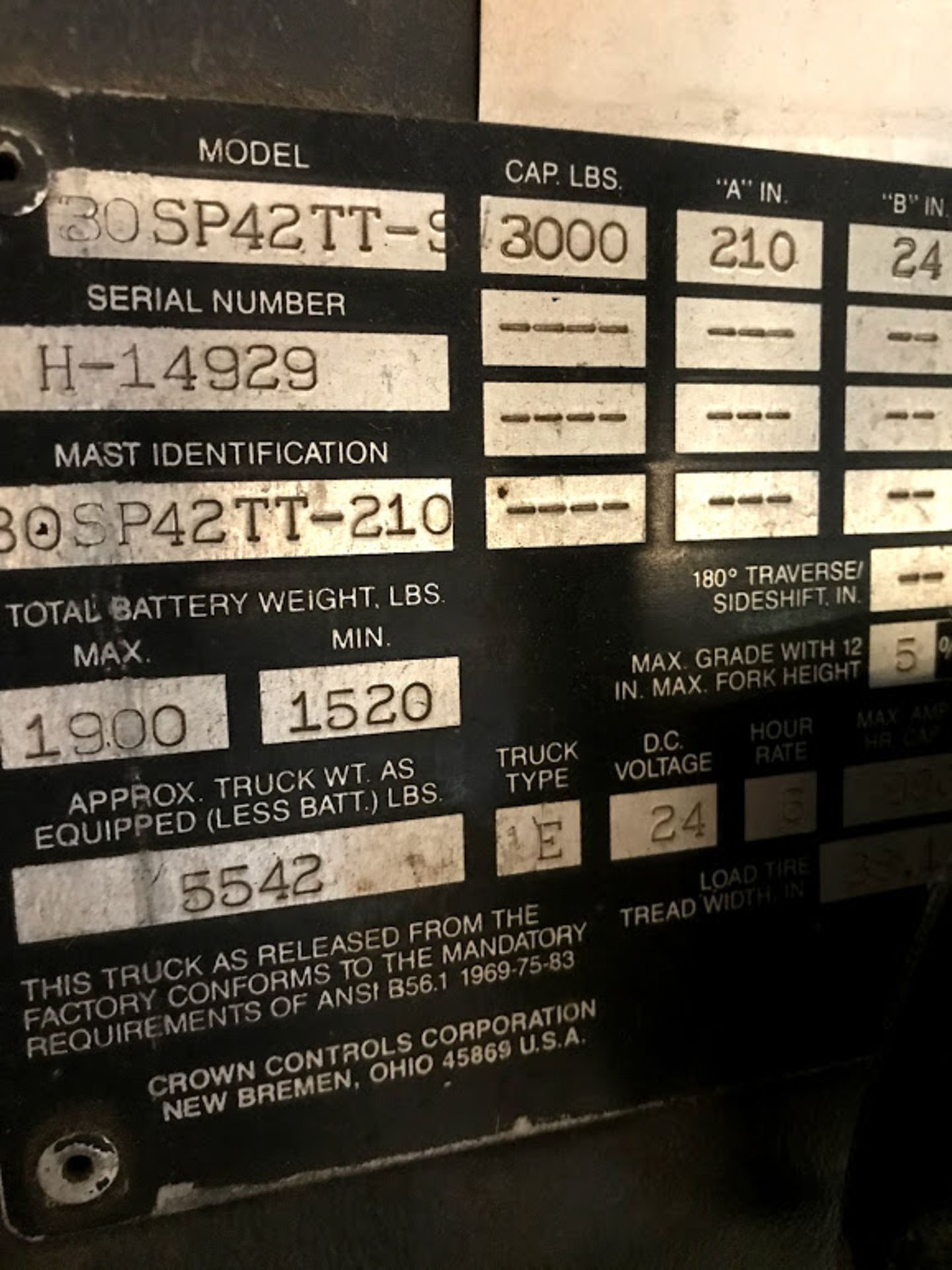 Crown Forklift, Model# 30SP42TT-S, Serial# H14929, 24V, Rigging Fee $50 - Image 5 of 6