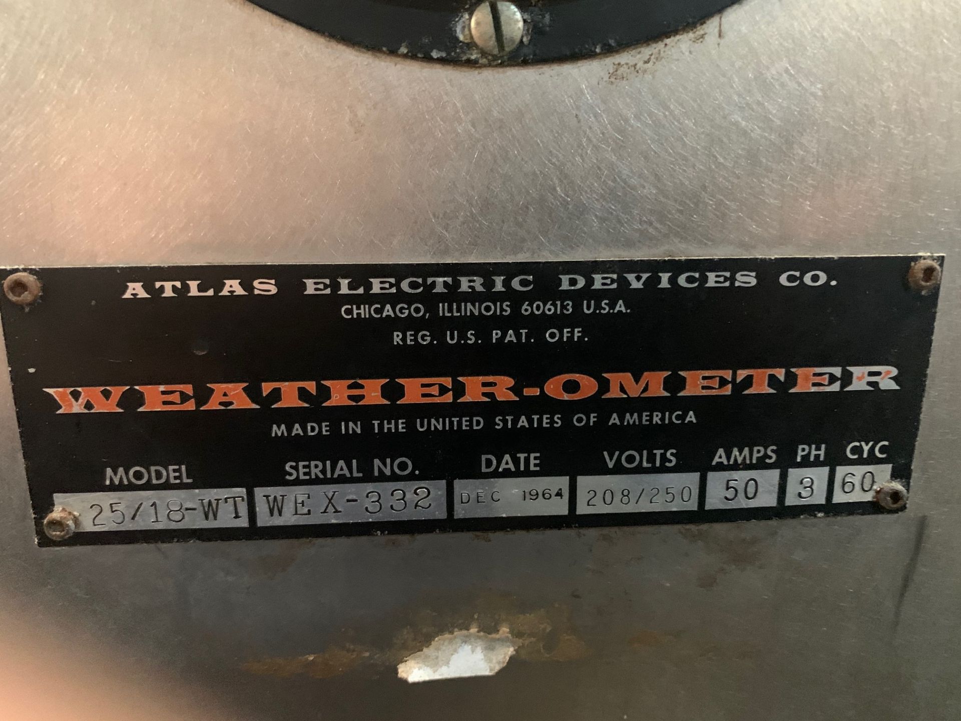 Weather-Ometer, Model# 25/18-WT, Serial# WEX-332, 208V, Rigging Fee $50 - Image 2 of 7