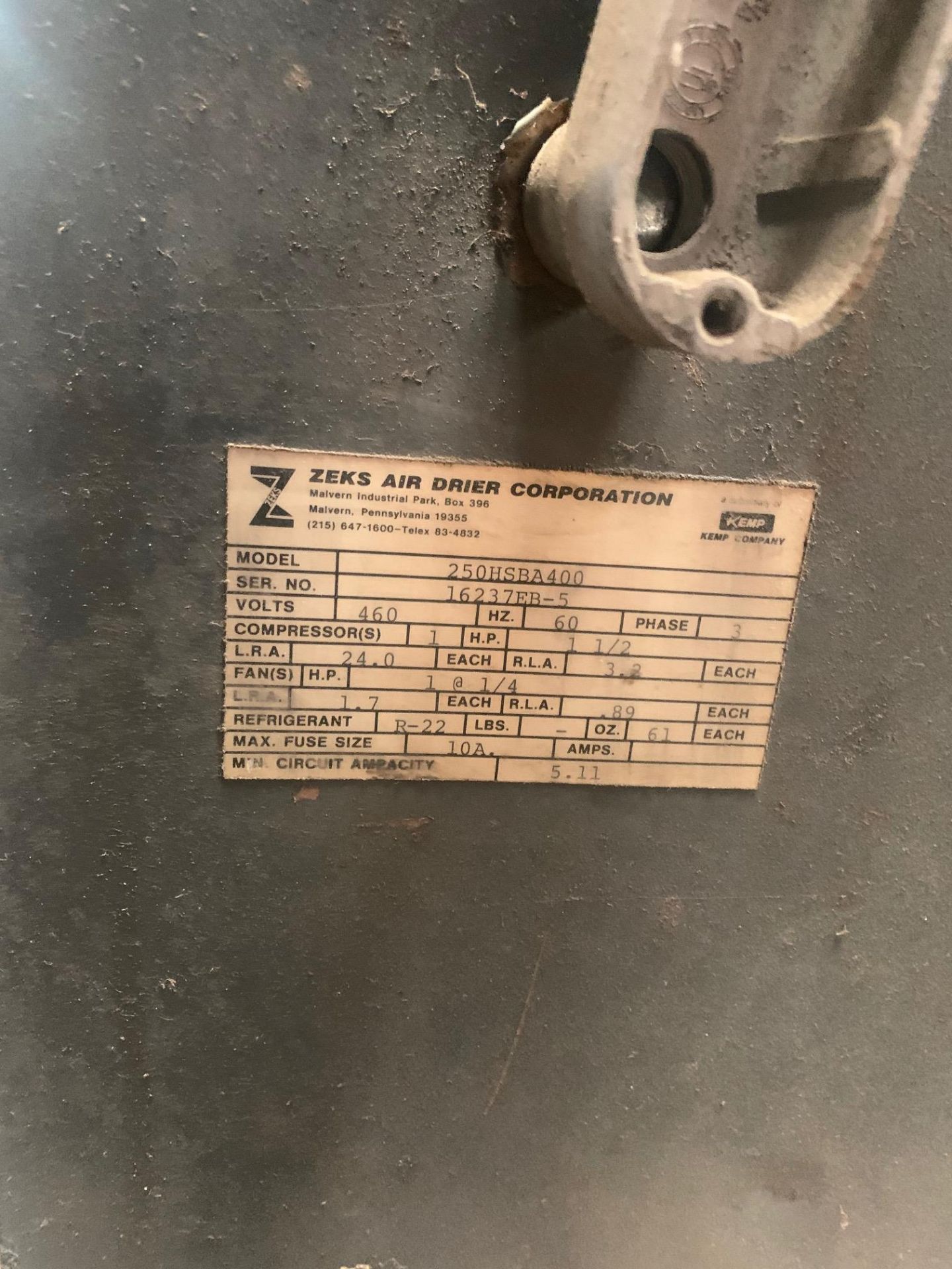 Zelda Air Dryer compressor model 250H se 16237 volt 460 , Rigging Fee: $50 - Image 9 of 9