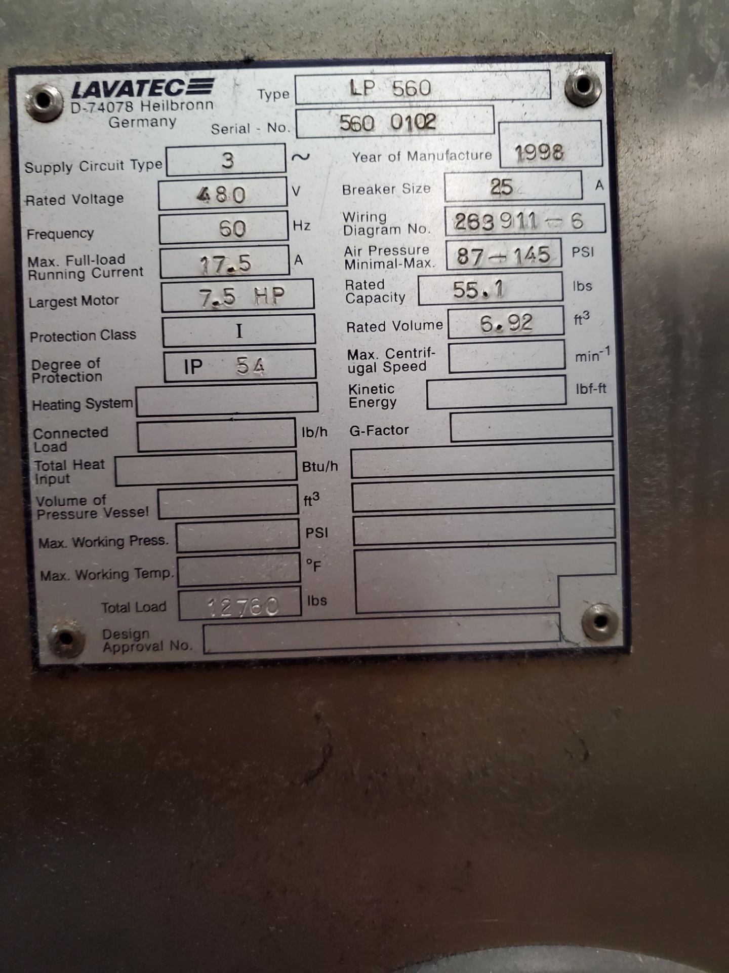 LAVATEC DEWATERING PRESSES. Capacity 55.1 lbs ,Model LP 560, Serial 560 -0102. 480 Volts. 7.5 HP - Image 5 of 5