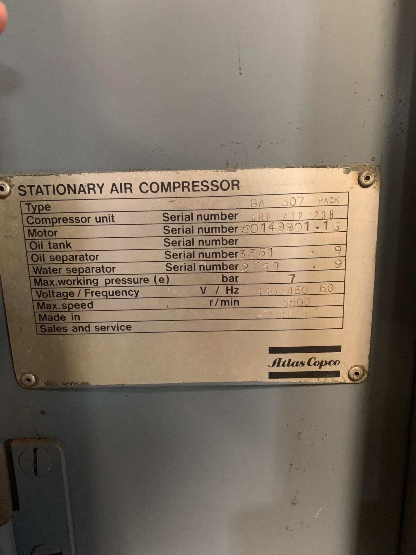 Atlas Capco Compresor Model GA 307 Pack. Serial 712 238. Oil serial 3355. Motor serial 50149901 - Image 7 of 18