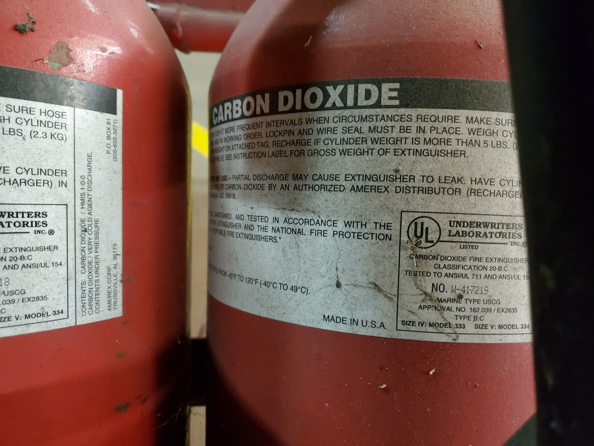 Carbon Dioxide Fire Extinguishers, 1 pair on metal rolling cart, Type BC, Size IV Model 324 - Image 4 of 6