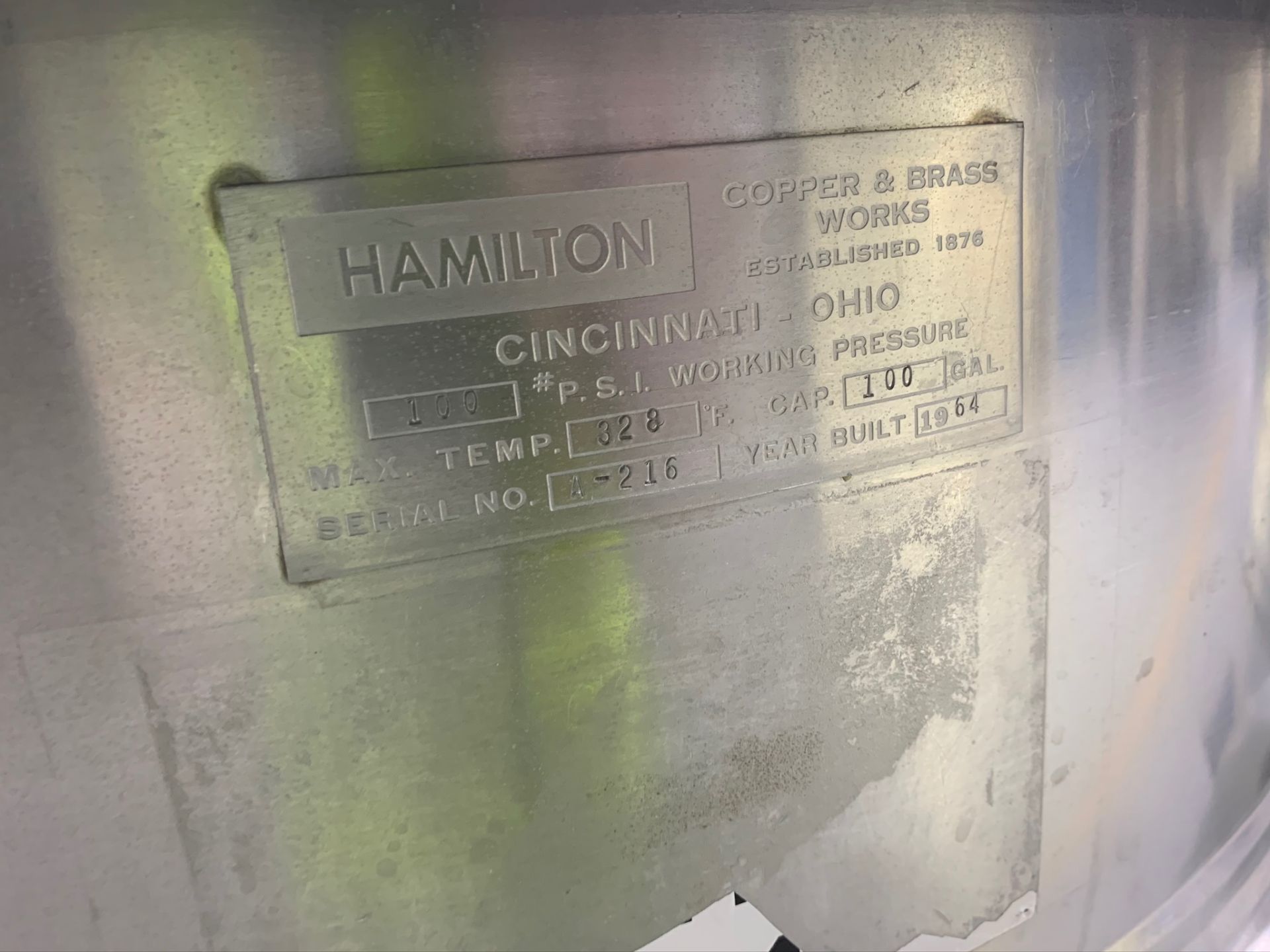 (Located in Bloomington, IL) Hamilton Kettle 100 Gallon S/N A-216. RIGGING FEE: $2000 - Image 4 of 8