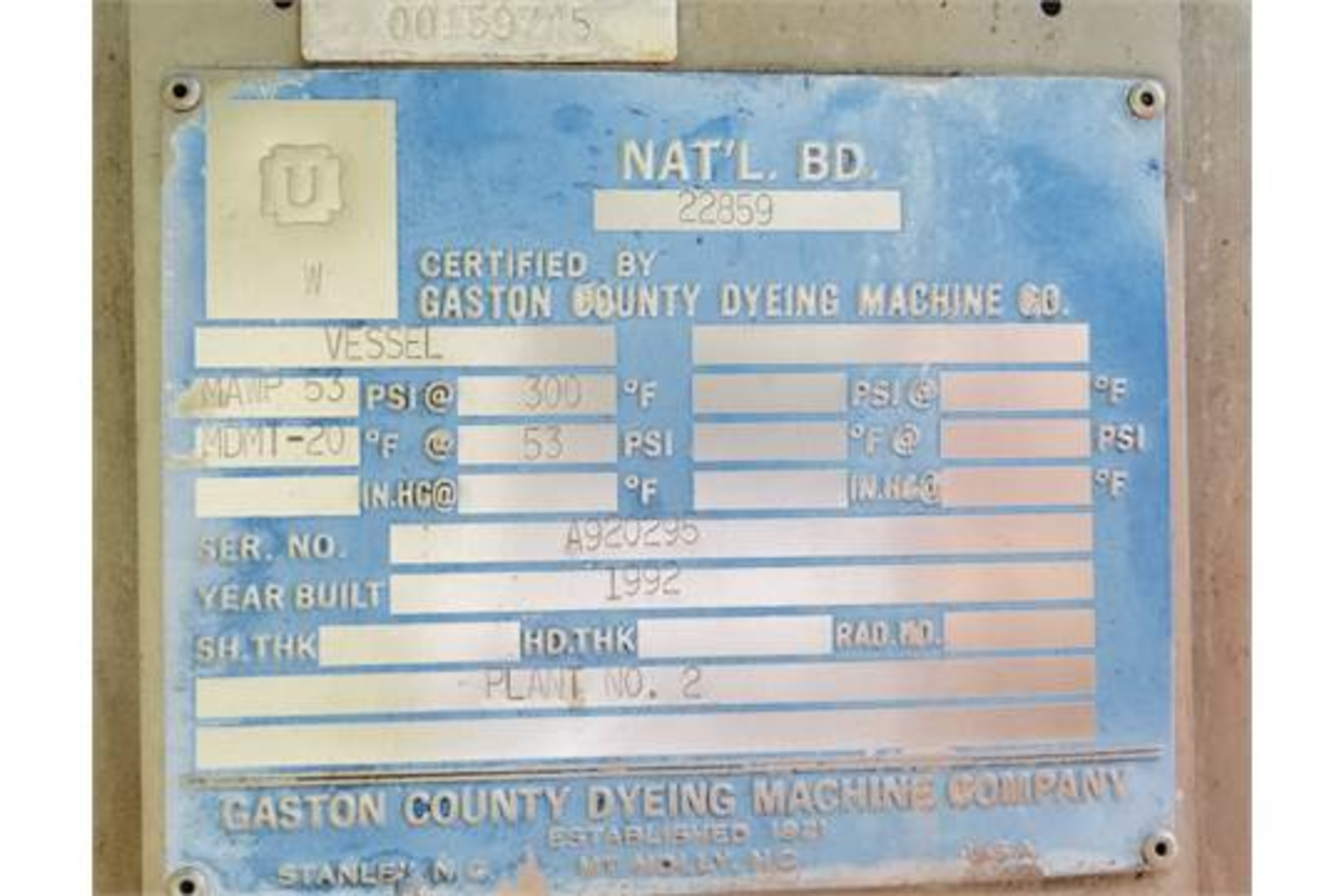 2 Port Gaston County Dye Jet MAWP 53 PSI @ 300 F Built in 1992 Serial Number: A920295 Stainless - Image 3 of 3