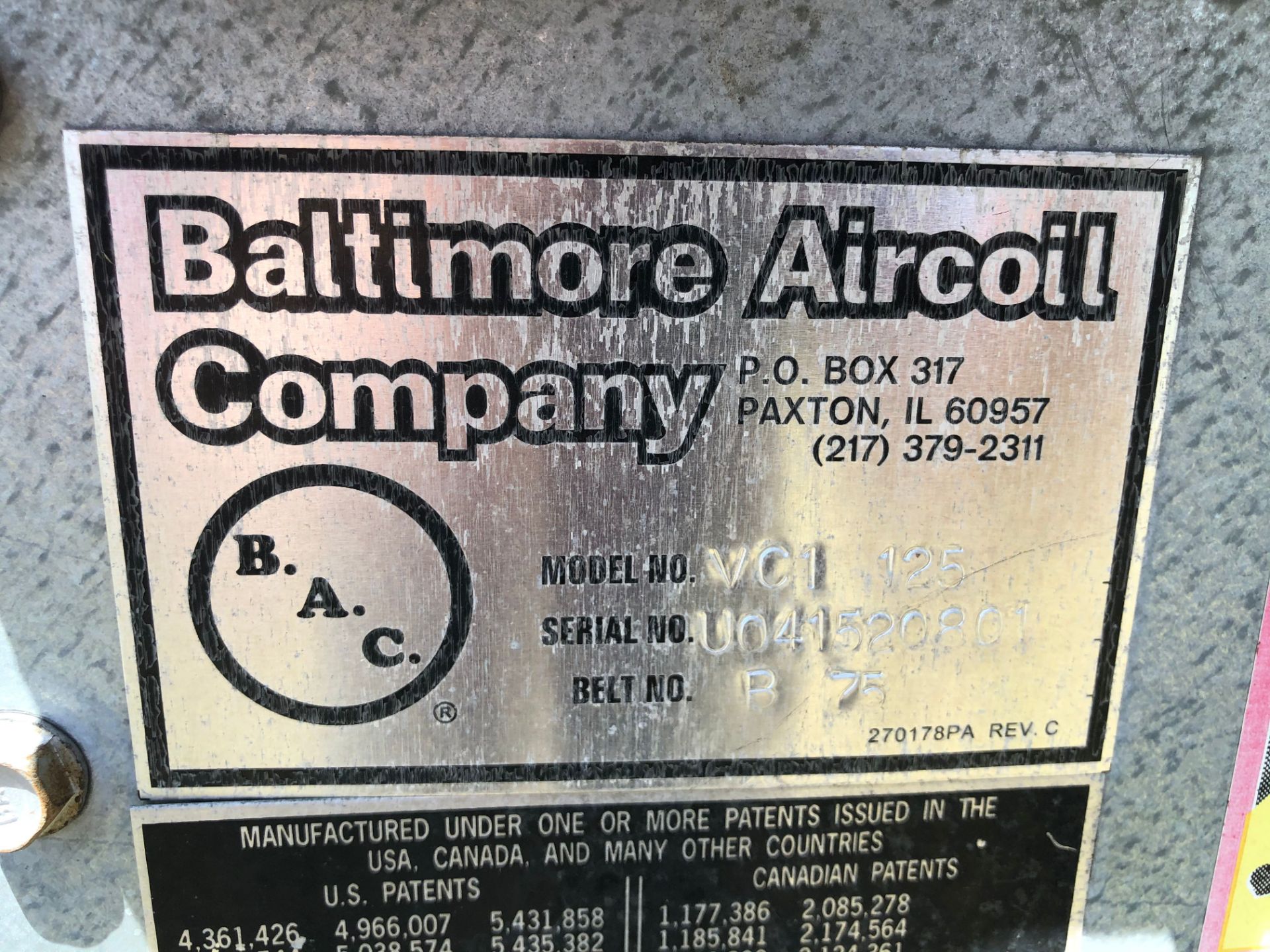 (1) Baltimore Aircoil Co. Heating Units, Model #VC1-125, S/N #UO4152080, Belt No. B-75, (1) Modine - Image 3 of 14