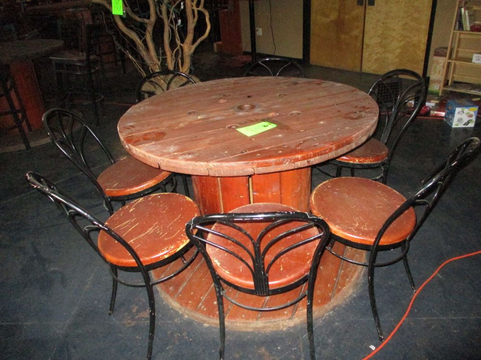 Wood round table with 7 chairs, 48.5 in dia x 33 in hgt ***Auctioneer Note*** -- $100 Removal &
