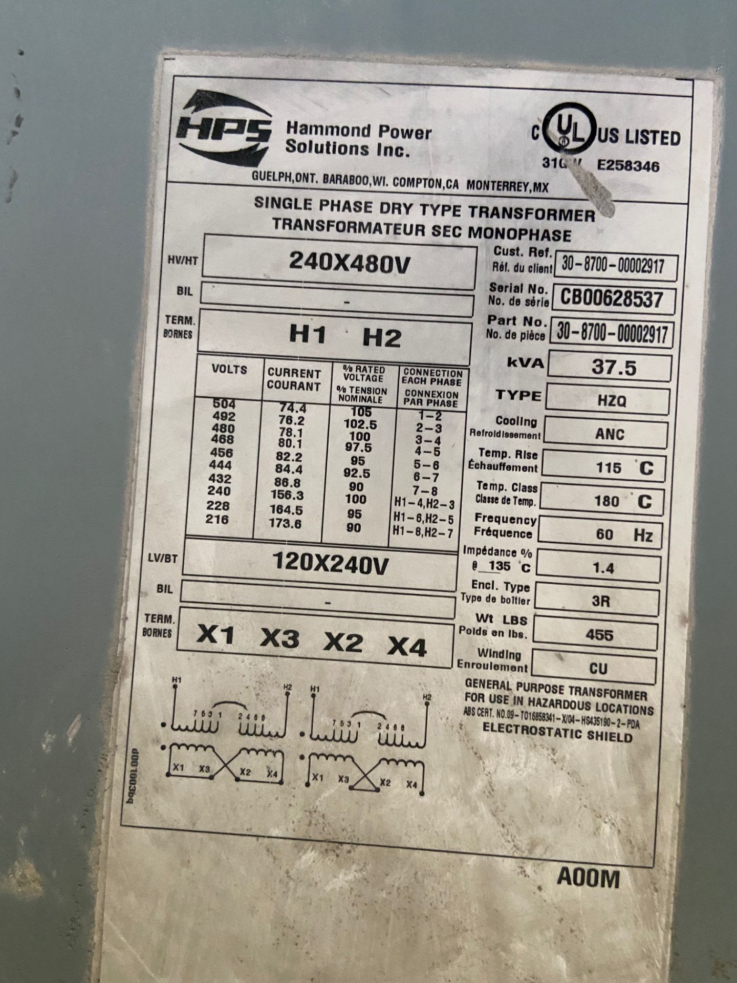 HPS Single Phase Dry Type Transformer, 240X480V, Serial# CB00628537, For Use in Hazardous - Image 2 of 3