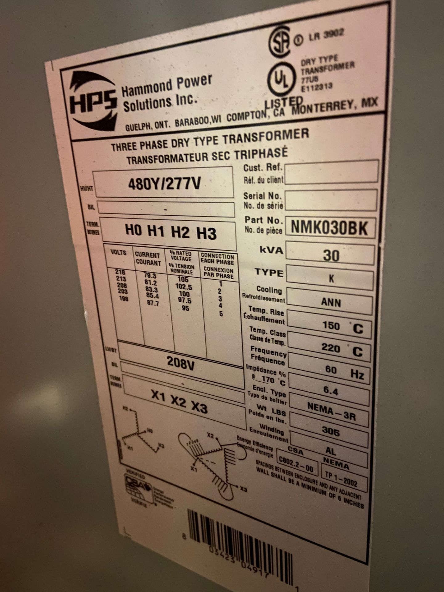 Hammond Power Solutions Inc Three Phase Dry Type Transformer, 480Y/277V, 30kVA (Located in - Image 2 of 4