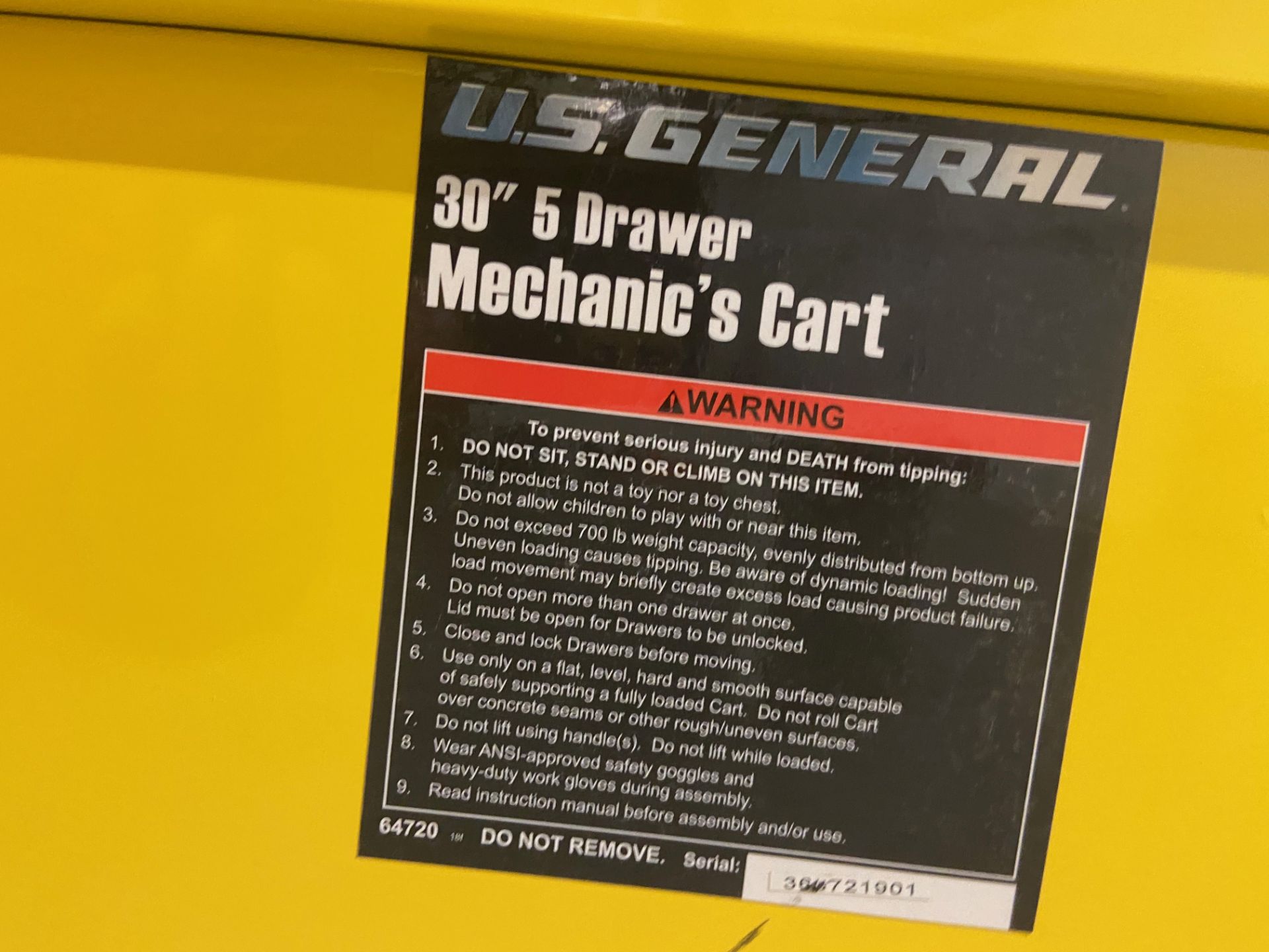 U.S. General Mechanic's Cart on Casters and Contents, 30", 5 Drawer, Rigging Fee: $20 - Image 5 of 6