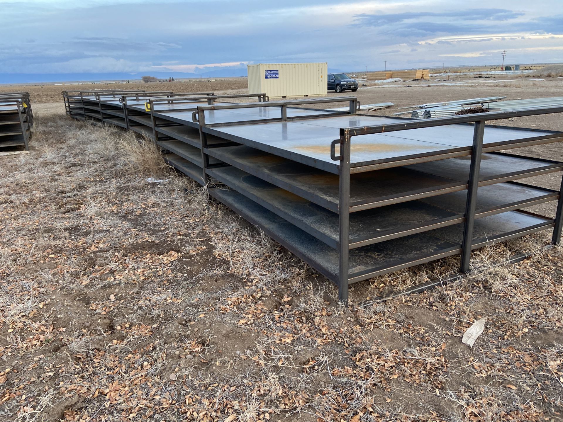 Metal Tables w/ Shelving, 90" Wide x 116" Long x 50" Tall, Qty 7, Rigging Fee: $100