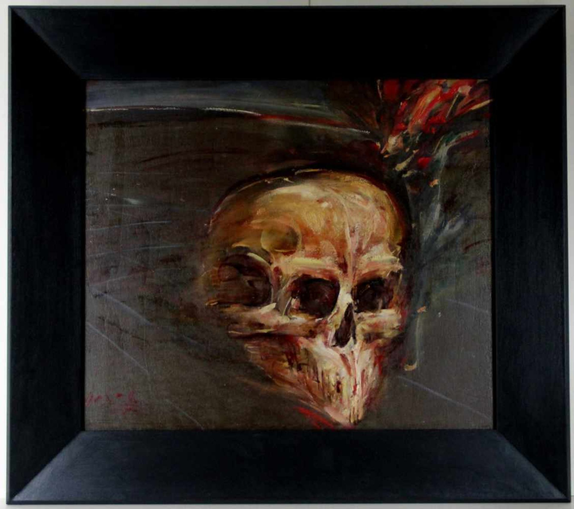 Ruddigkeit, Frank. (Geb. 1939): Vanitas-Stillleben mit Totenschädel. Öl auf Sperrholz. Datiert: