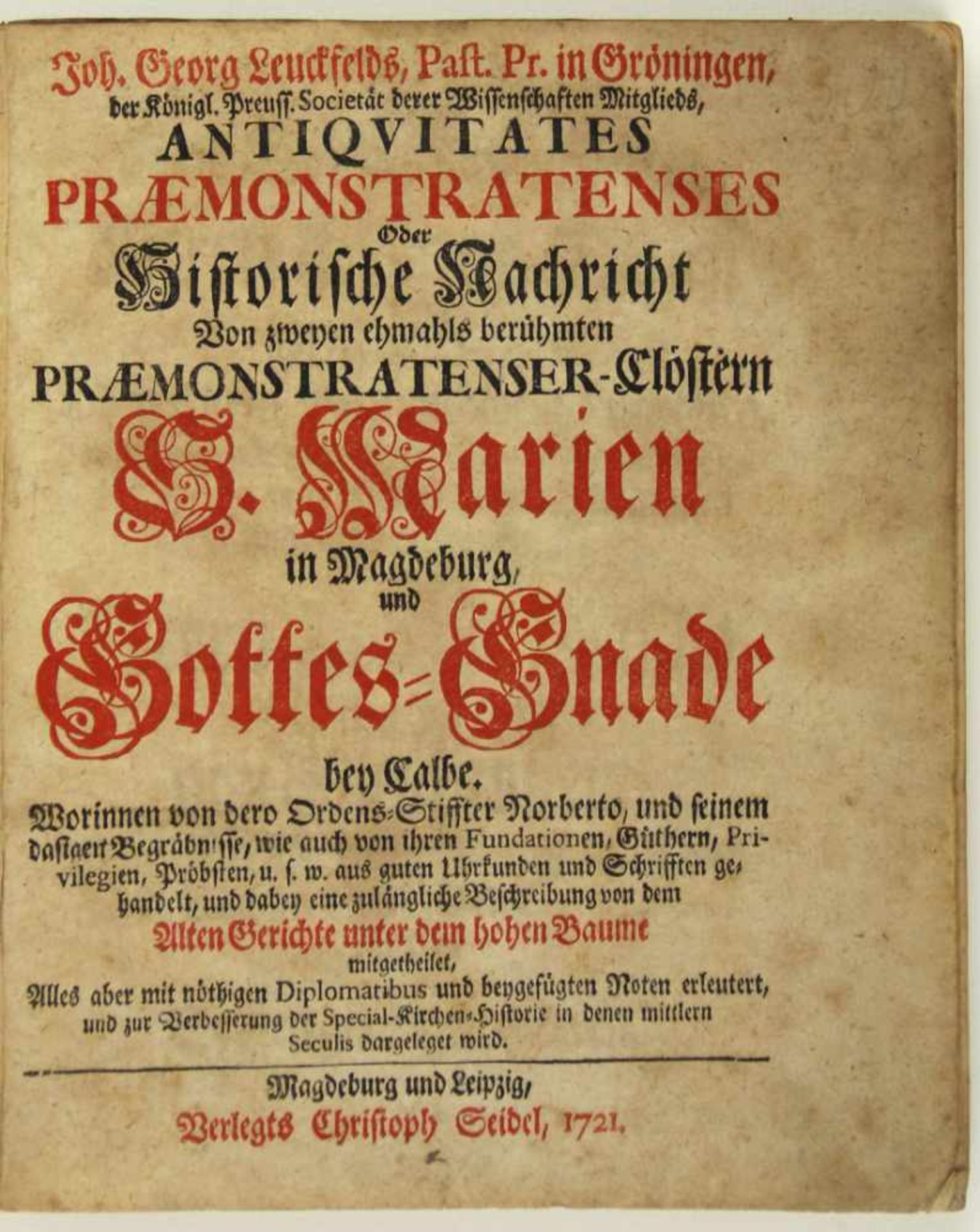 Sachsen-Anhalt. - Magdeburg / Calbe. - Leuckfeld, Johann Georg: Antiquitates Praemonstratenses oder