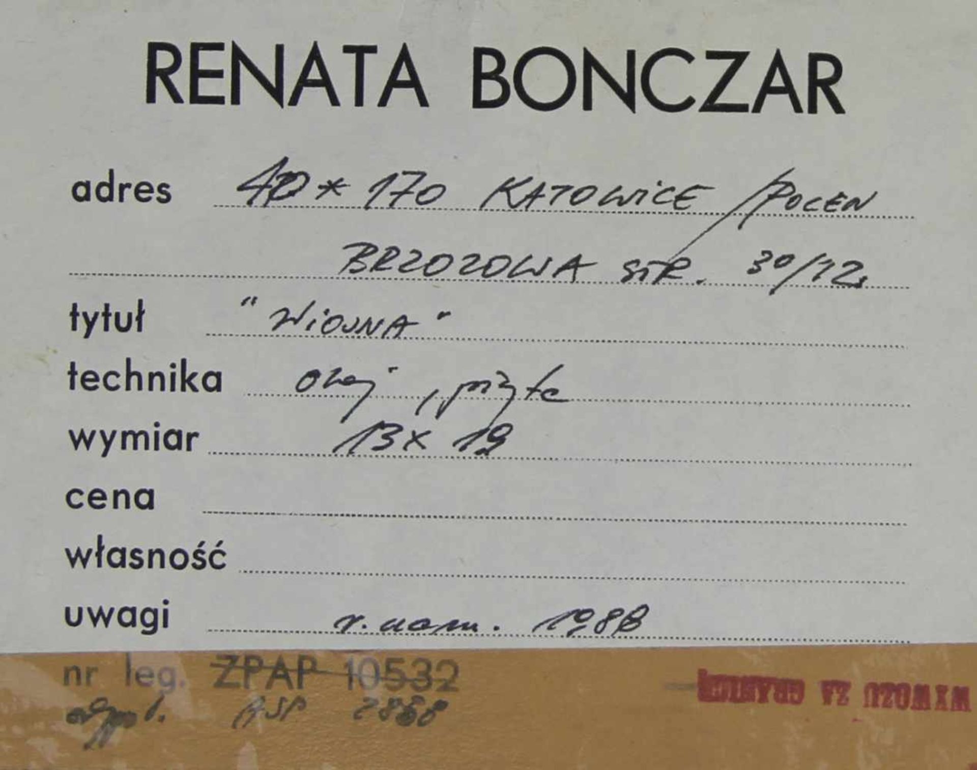 Bonczar, Renata. (Geb. 1953): Wiojna. Öl auf Pappe. Signiert. Rückseitig betitelt und datiert: - Bild 2 aus 3