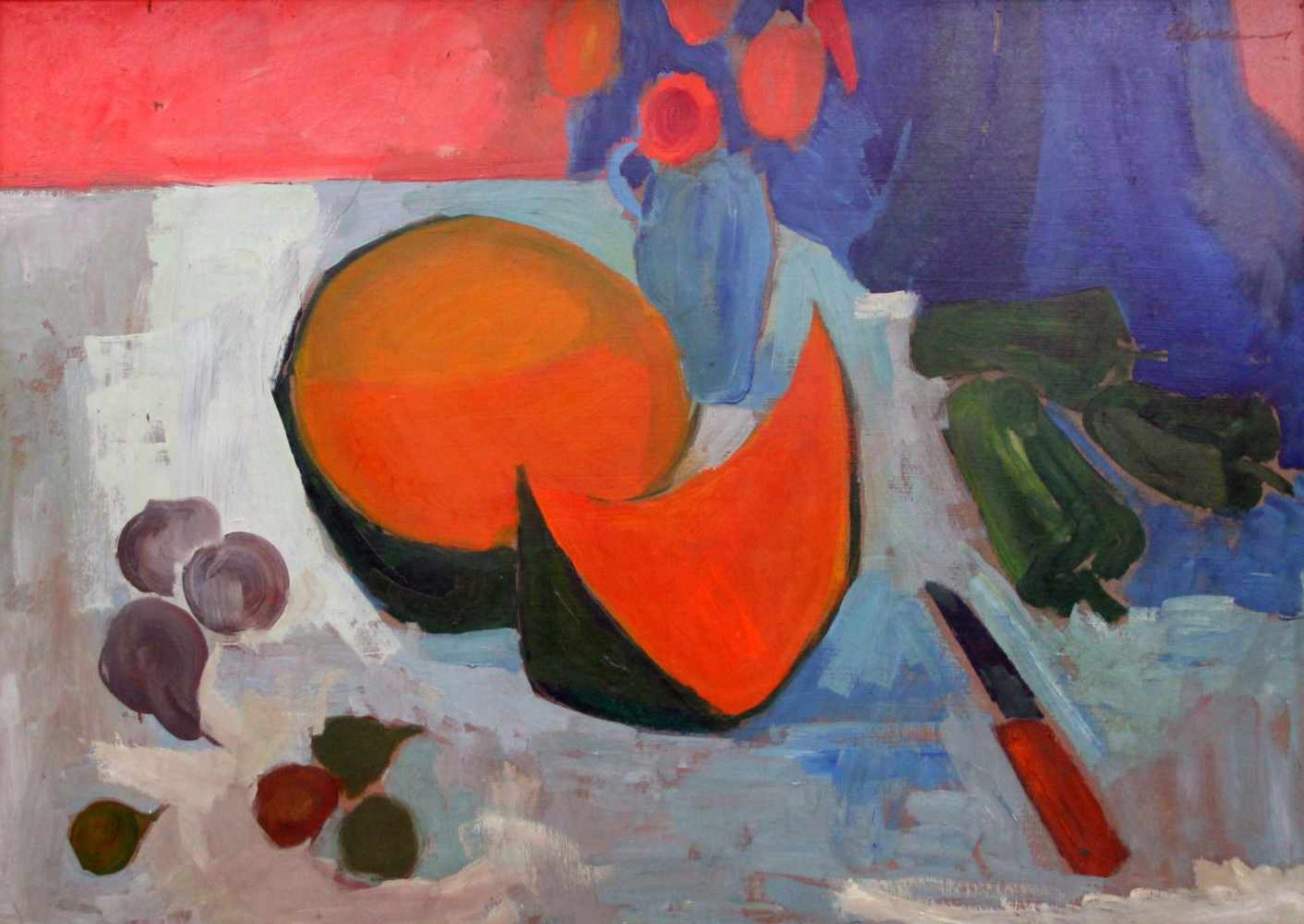 Eichhorn, Gerhard. (1927-2015): Stillleben mit Melone. Öl auf Hartfaser. Signiert. 49 x 68 cm.