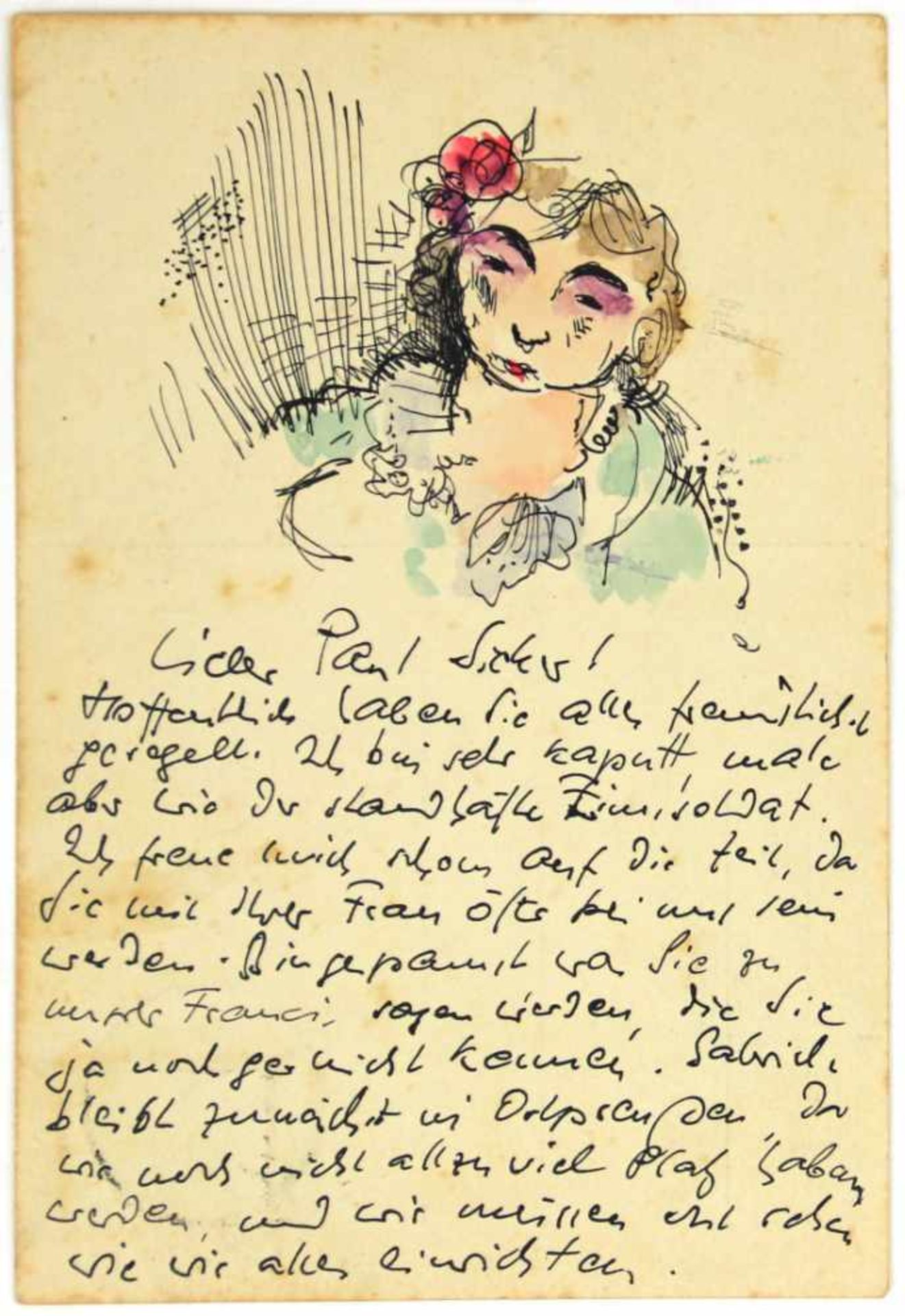 Schwimmer, Max. (1895-1960): Postkarte an Paul Sicker in Eythra, auf der Vorderseite Zeichnung mit