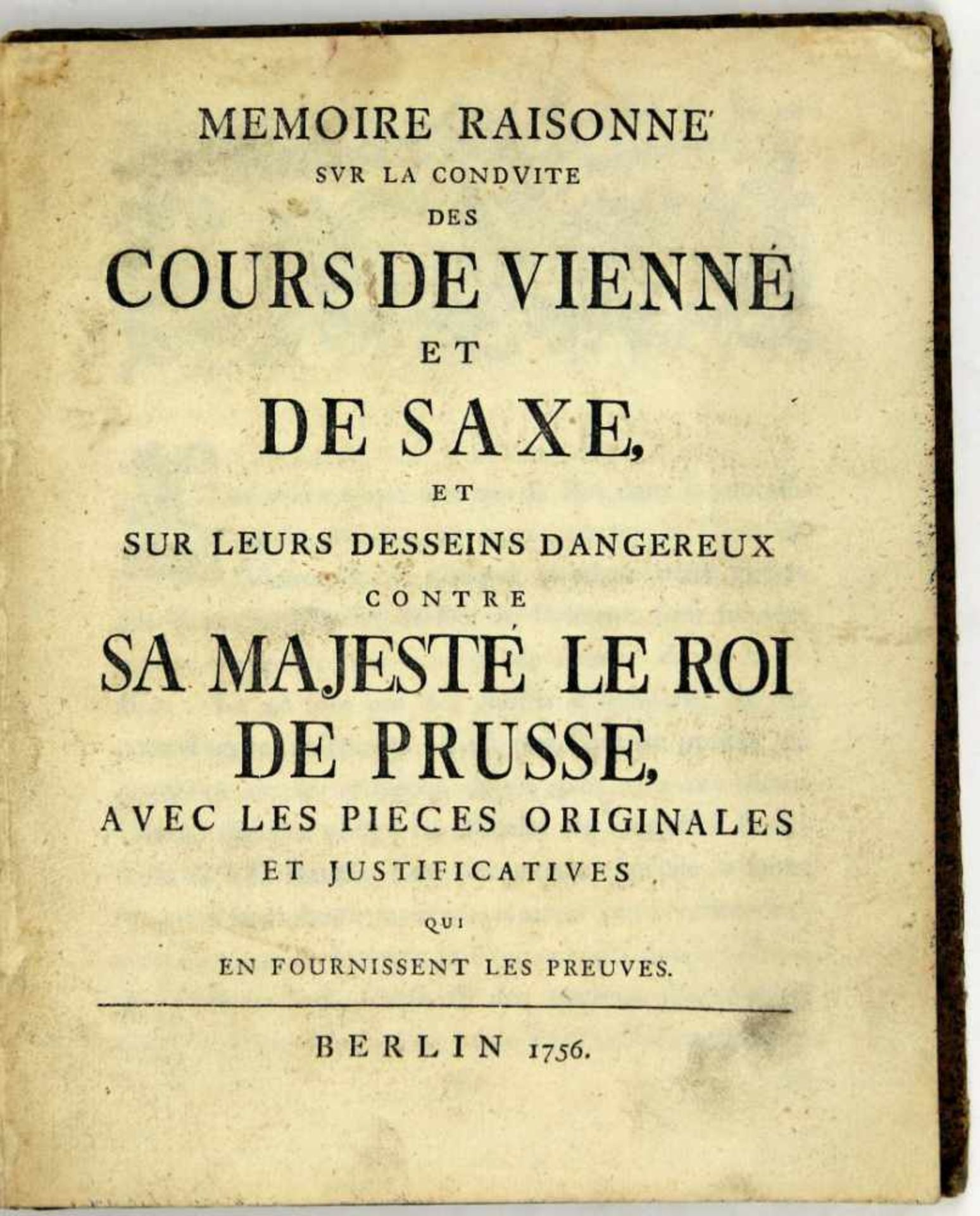 Militaria. - Siebenjähriger Krieg. - (Hertzberg, Ewald Friedrich von): Memoire raisonné sur la