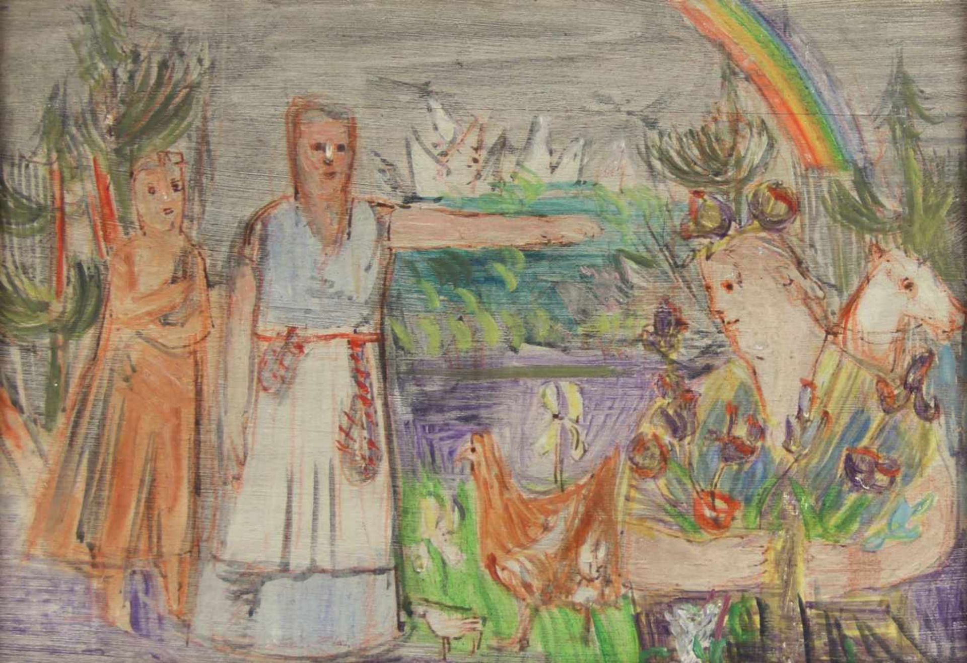 Crodel, Charles. (1894-1973): Bild mit Regenbogen. Mischtechnik. Öl auf Holz. Rückseitig betitelt - Bild 2 aus 3