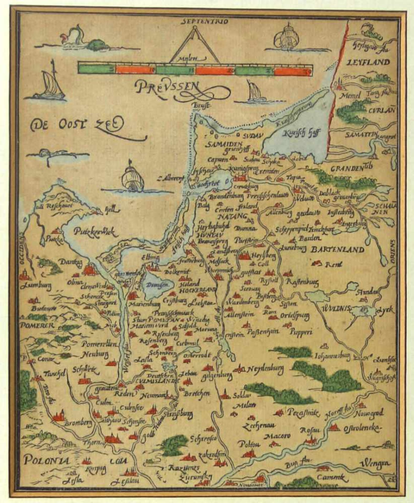 Ost- und Westpreußen / Hinterpommern. - Preussen. Altkolorierte Holzschnittkarte, (um 1570). 17,5 x